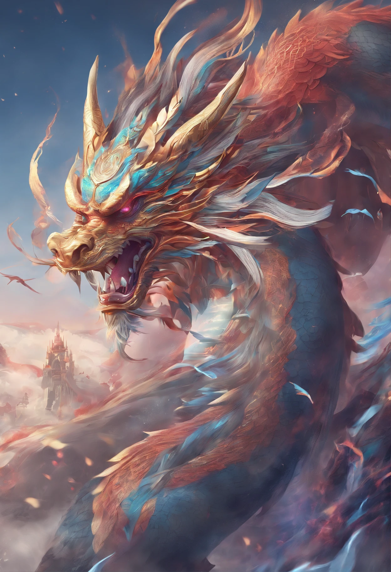 Xuanwu(the body of the,The head of the Chinese dragon,The long tail of the snake),tosen,Huge waves,China-style,oc rendered,super-fine,high qulity,8K high resolution,ultra - detailed
