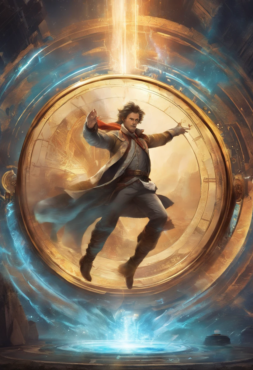 Generate an image showing a character leaping through a time portal, with different historical scenes blending in the background.