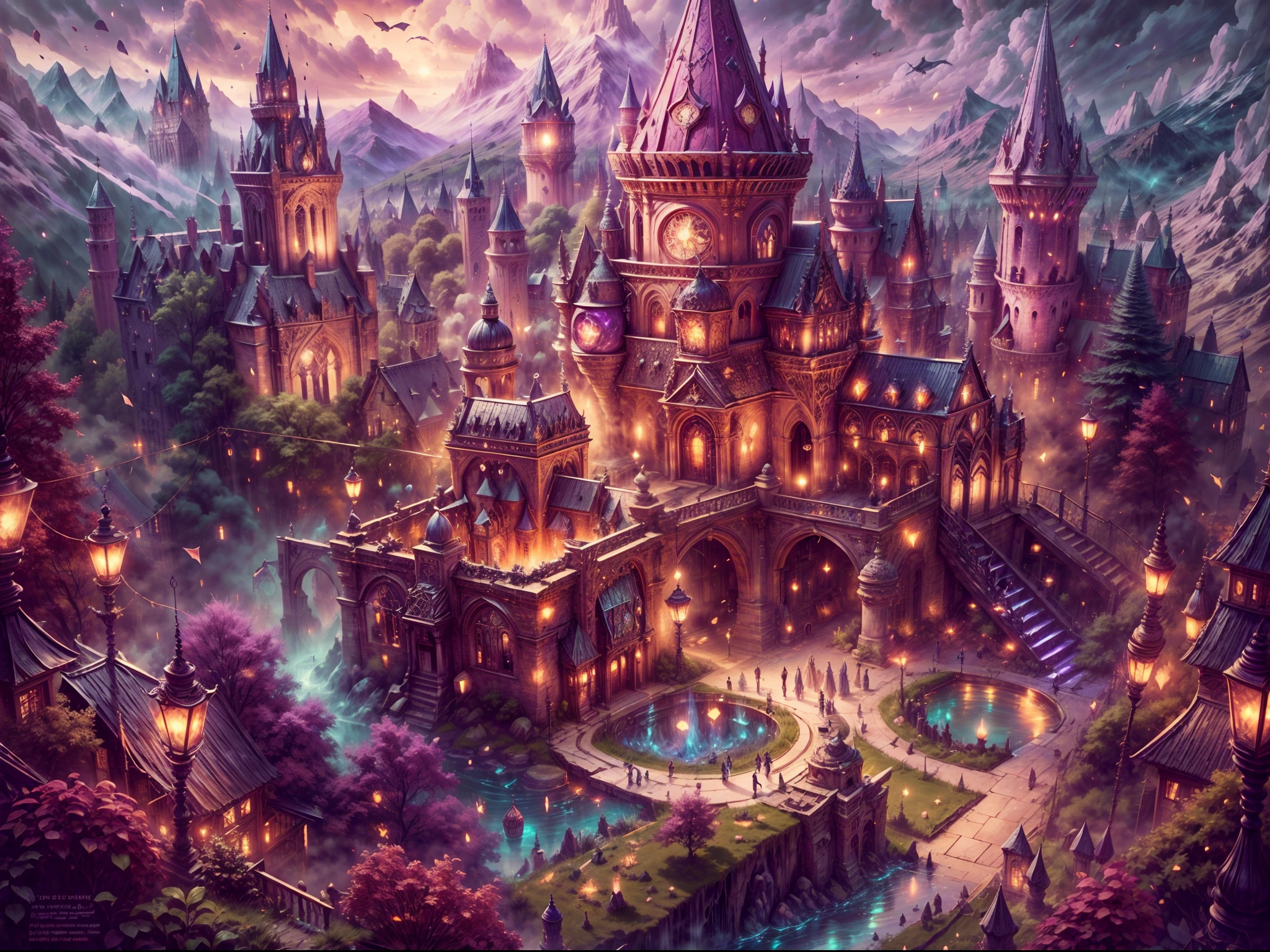 aerial view,Hogward,captivating,enchanted,magical,tower,castle,grand,gardens,majestic,impressive,spires,turrets,flags flying high,ancient,stonework,gothic architecture,imposing doorways,marvelous,ornate windows,mysterious atmosphere,magic in the air,twinkling lights,glowing enchantments,floating objects,sparkling fountains,spellbinding,enchanted forest,sunlit meadows,whimsical creatures,quidditch match in progress,students in robes,wand-waving,magical prowess,harry potter references,bookish atmosphere,ancient library,secret passages,mage professors,divination class,charm classes,umsbrige in her pink cardigan,spiraling staircases,house elves,expensive cauldrons,magic wands,broomball,magic mirrors,mystical spellbooks,dark arts,dumbledore,hermione,ron,quill pen,inkwell,quidditch robes,rusty quaffle,seeker,snitch,slime filled bog,ferocious dragons,centaurs,fluffy,hippogriff,mermaids,phoenix,vibrant colors,soft lighting,a sense of wonder,magical aura,high resolution,photorealistic.