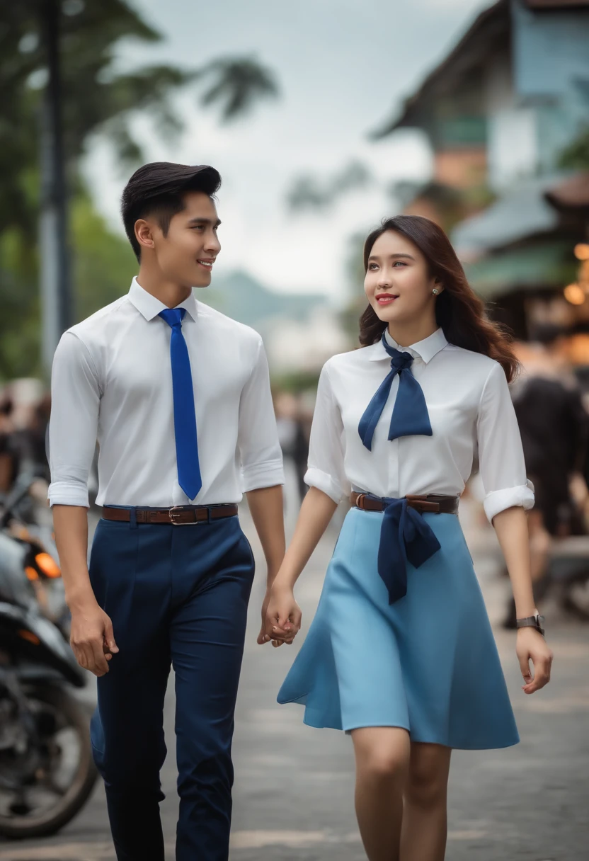 Create an image from a prompt "a thai handsome male student wearing a white long- sleeved shirt, a blue tie, a belt, blue pants, and leather shoes standing opposite side a thai beautiful female student wearing a white blouse, a blue skirt, and black shoes with a distant background of people walking on a street"