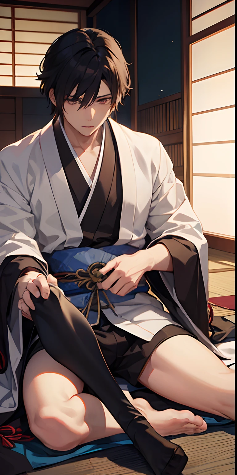 Jushiro Hijikata、The sword、VCharacter bangs、Shinsengumi、Fap Material、animesque、A dark-haired、male anime characters、A dark-haired、traditional Japanese room、short-haired、kimono、twinks、Male、Enchanted feet、Naked