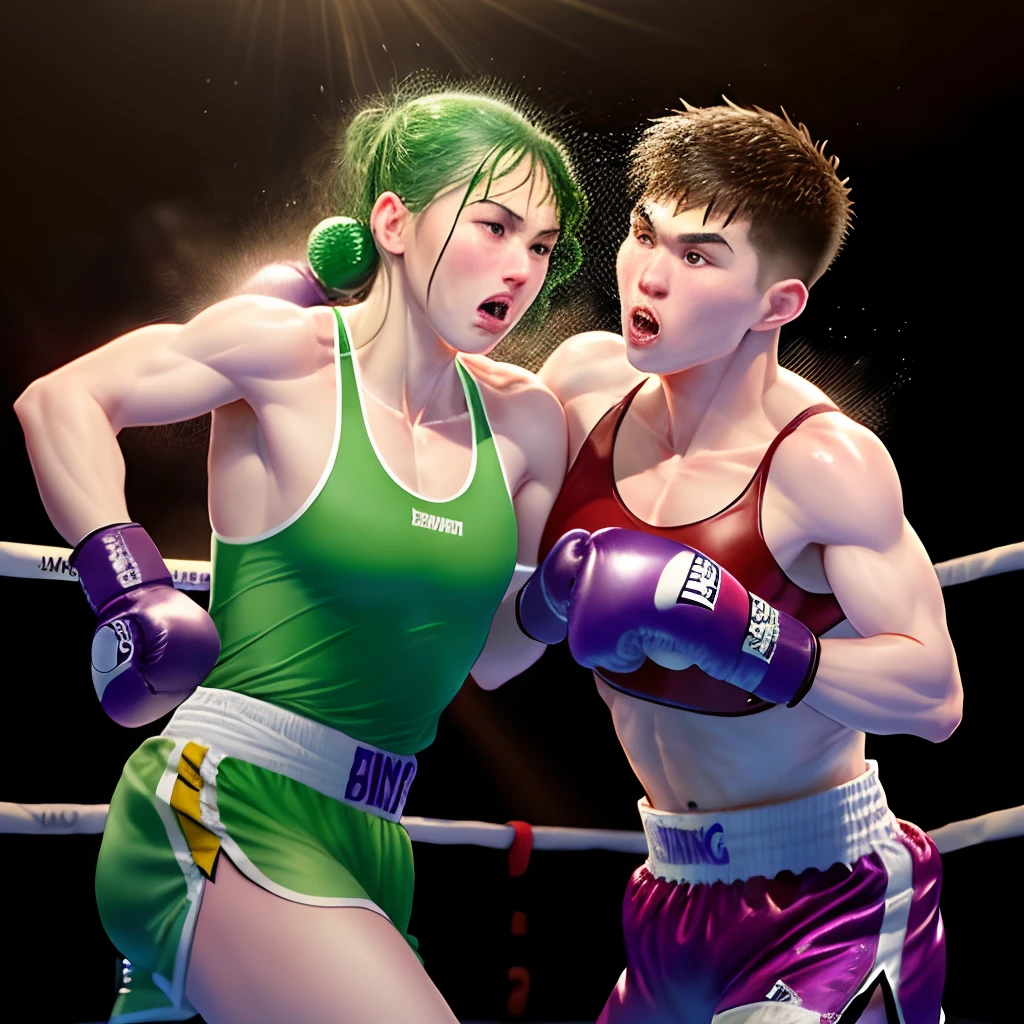 draw a realistic picture cucumber and eggplant are boxing on the boxing ring , very hard punches and hitting faces.