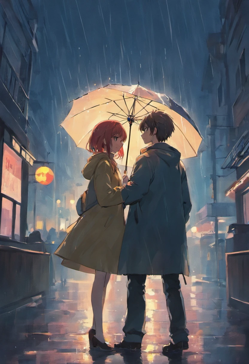 Boyfriend and girlfriend，under rain，hugs