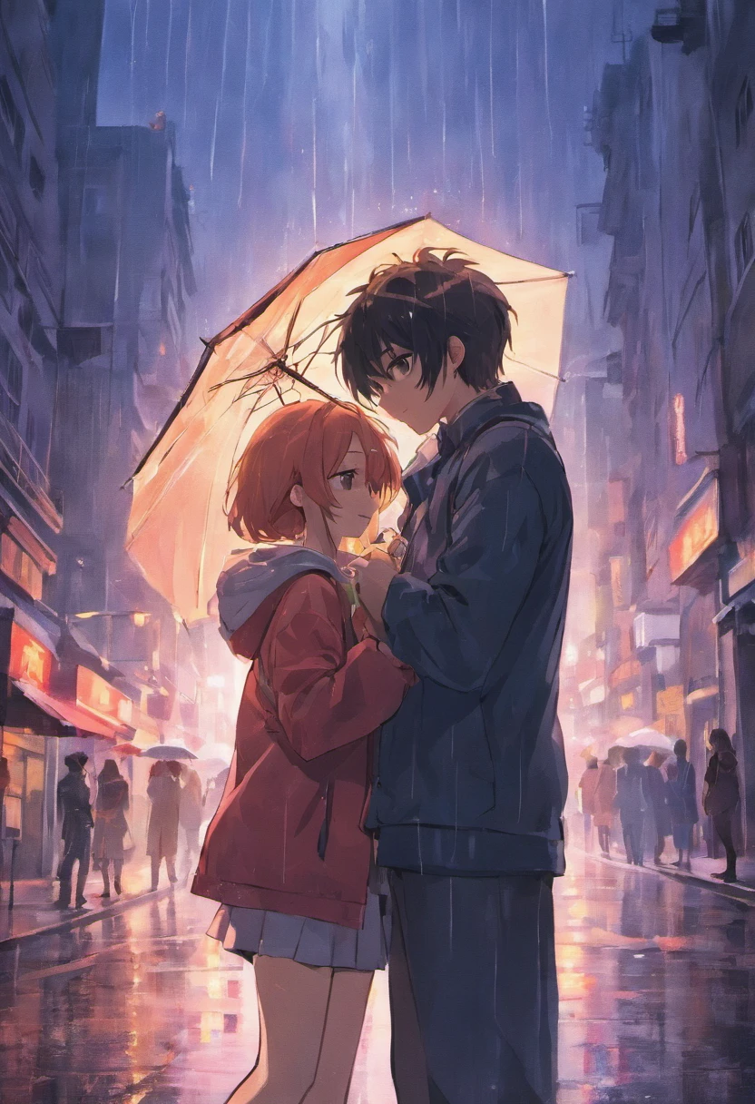 Boyfriend and girlfriend,under rain,hugs