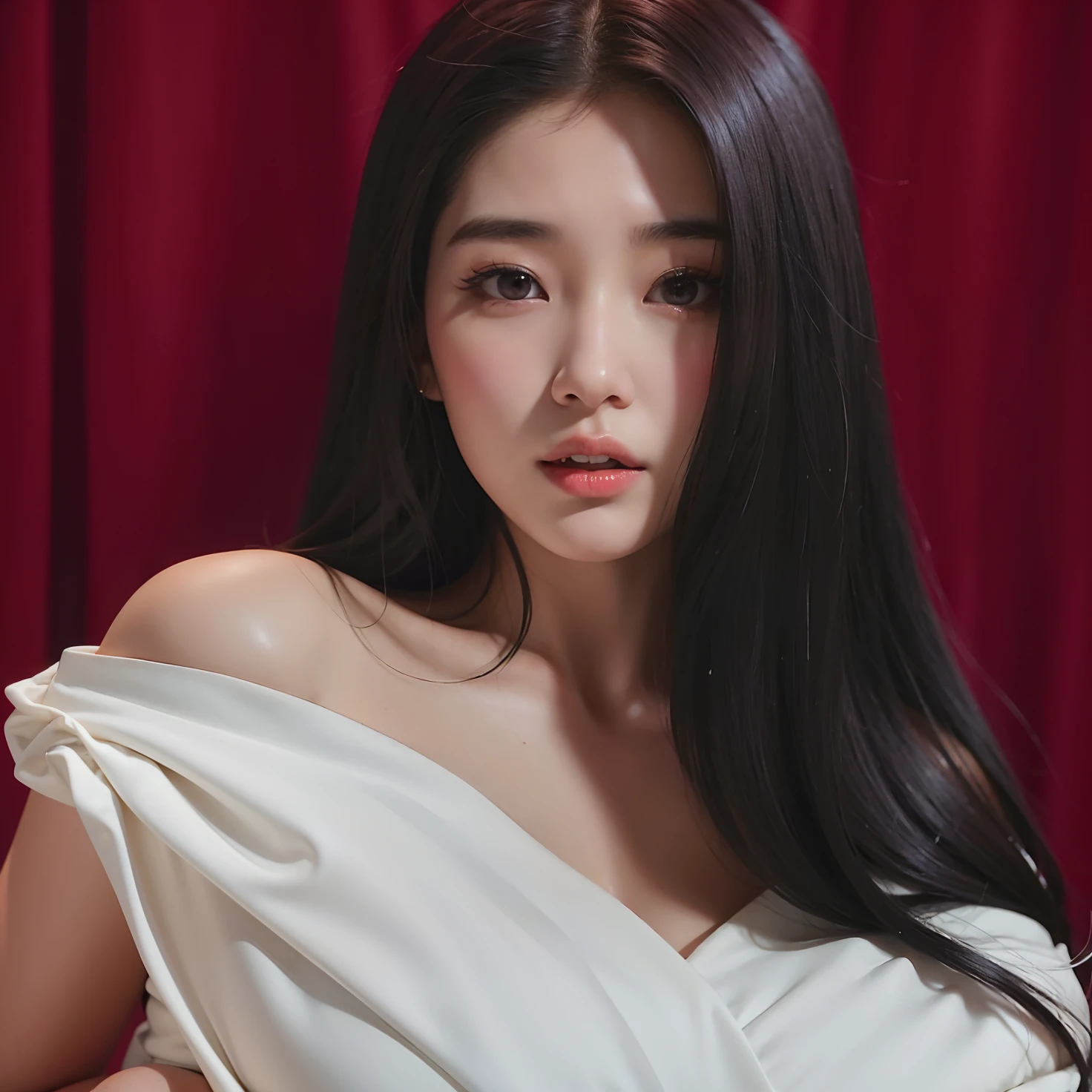 Un primer plano de una mujer con un vestido blanco posando para una foto, Heonhwa Choe, iu lee ji-eun as a super villain, Jaeyeon Nam, Gongbi, Lee Ji-eun, Lee Ji - Eun, hwang se - on, Kwak Ji Joven, terciopelo rojo, Actriz femenina de Corea, Taejune Kim, Bingbing de ventiladores