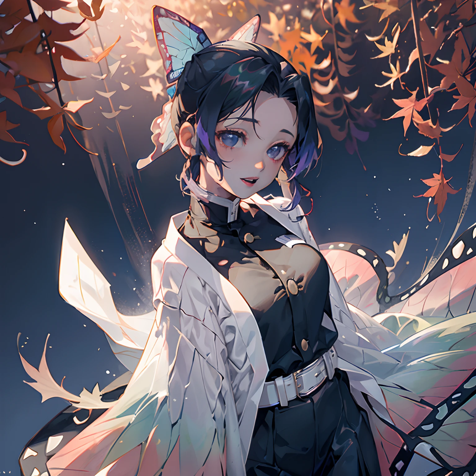 read a book,Sit up,Official art, Unity 8k Wallpapers, ultra-detailliert, Beautifully Aesthetic, masterpiece, top-quality, realisitic, a closeup, Skindentation, Souryu Asuka Langley, Interface headset, bodysuit under clothes, A detailed eye, A detailed face, detailed hairs, black backgrounds, straight-on, looking at the viewers, The sheen,, highly detailed with reflections transparent iridescent opaque jacket, Long transparent iridescent RGB hair, 1girl in, Solo, fronds, School uniform, serafuku, Long hair, red neckerchief, Blurry, Sailor collar, neckerchief, Blonde hair, Shirt, Autumn leaves, Parted lips, Outdoors, Floating hair, Long sleeves, White shirt, Bangs, Upper body, red necktie, Open mouth, neck tie, tusk, Brown eyes, Wind, Autumn, Maple leaf, Falling leaves, Blurry background, day, ginkgo leaf, depth of fields, bug,
