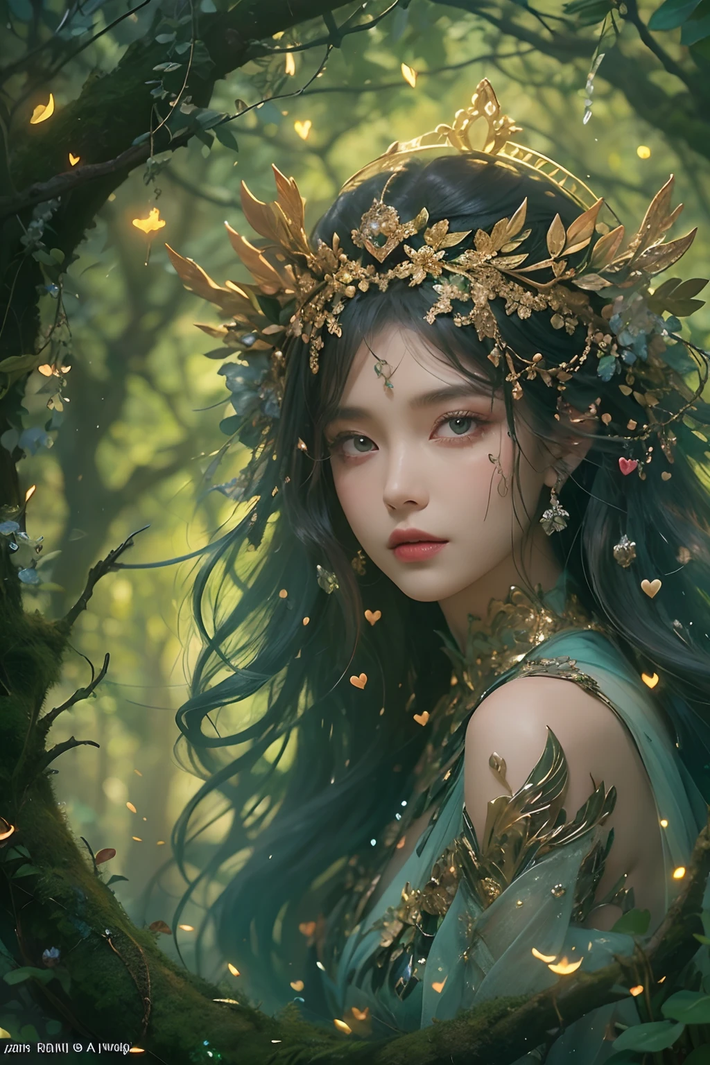 "(best quality: 1.2), masterpiece, ultra-detailed 8K UHD, ((official art)), cg, 1 ethereal forest goddess, enveloped in the ancient embrace of sentinel trees, (mystical aura:1.3). Adorning an intricately detailed dress crafted from the pure essence of the forest, woven vines adorned with dew-kissed leaves and blossoming flowers cascade down her figure. Her skin exudes a soft, ambient green glow, blending seamlessly with nature's embrace. Luxuriant hair flows, alive with blossoms, buds, and twisted branches, crowned with an elaborate diadem of intertwined branches and shimmering dewdrops. Her eyes, deep and captivating, are a highly detailed shade of green, reflecting the mysteries and wisdom of countless forest eons. Surrounding her, fireflies illuminate the scene, their light rendered with breathtaking realism, casting specks of gold onto her silhouette and accentuating her otherworldly beauty. Gentle hands outstretch, releasing a whirlwind of vibrant petals, leaves, and luminous fireflies, ((heart of the forest:1.4)), symbolizing the very pulse and breath of the woodland realm. The backdrop is an enchanted forest, where beams of light weave stories and shadows whisper ancient secrets, solo, (songs of old subtly resonating:1.1), (dress shimmering with every forest hue, adorned with nature's gems:1.4), (contrast of earthen elegance and luminescent glow:1.3)".