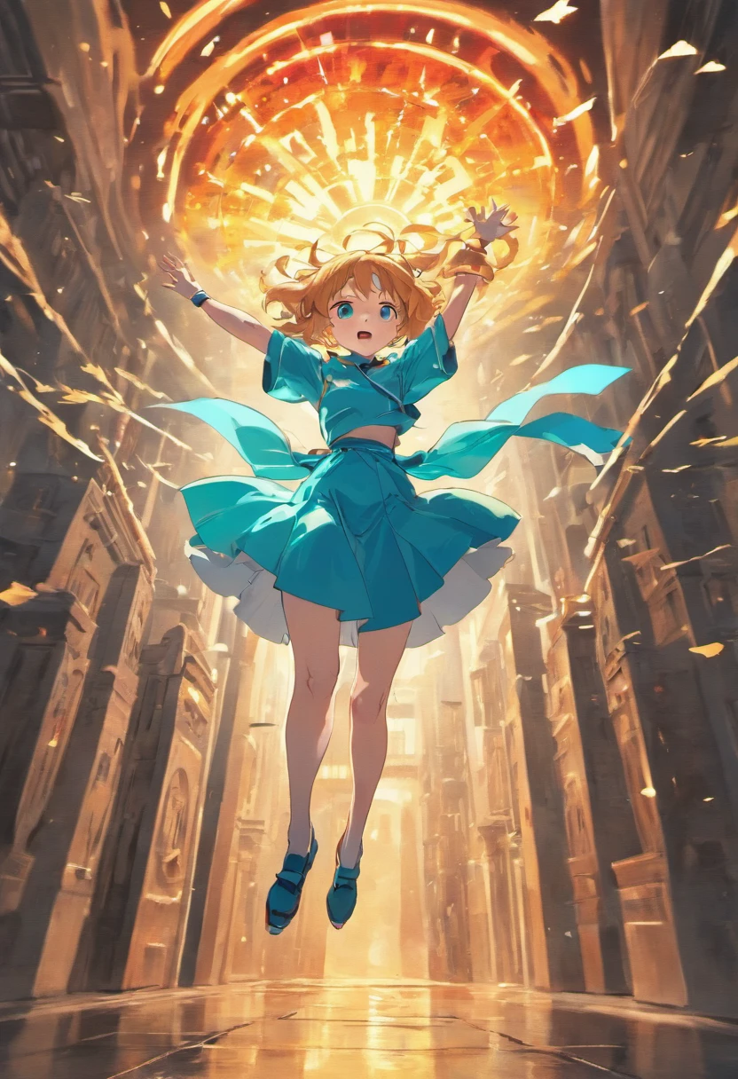 Generate an image showing a character leaping through a time portal, with different historical scenes blending in the background.