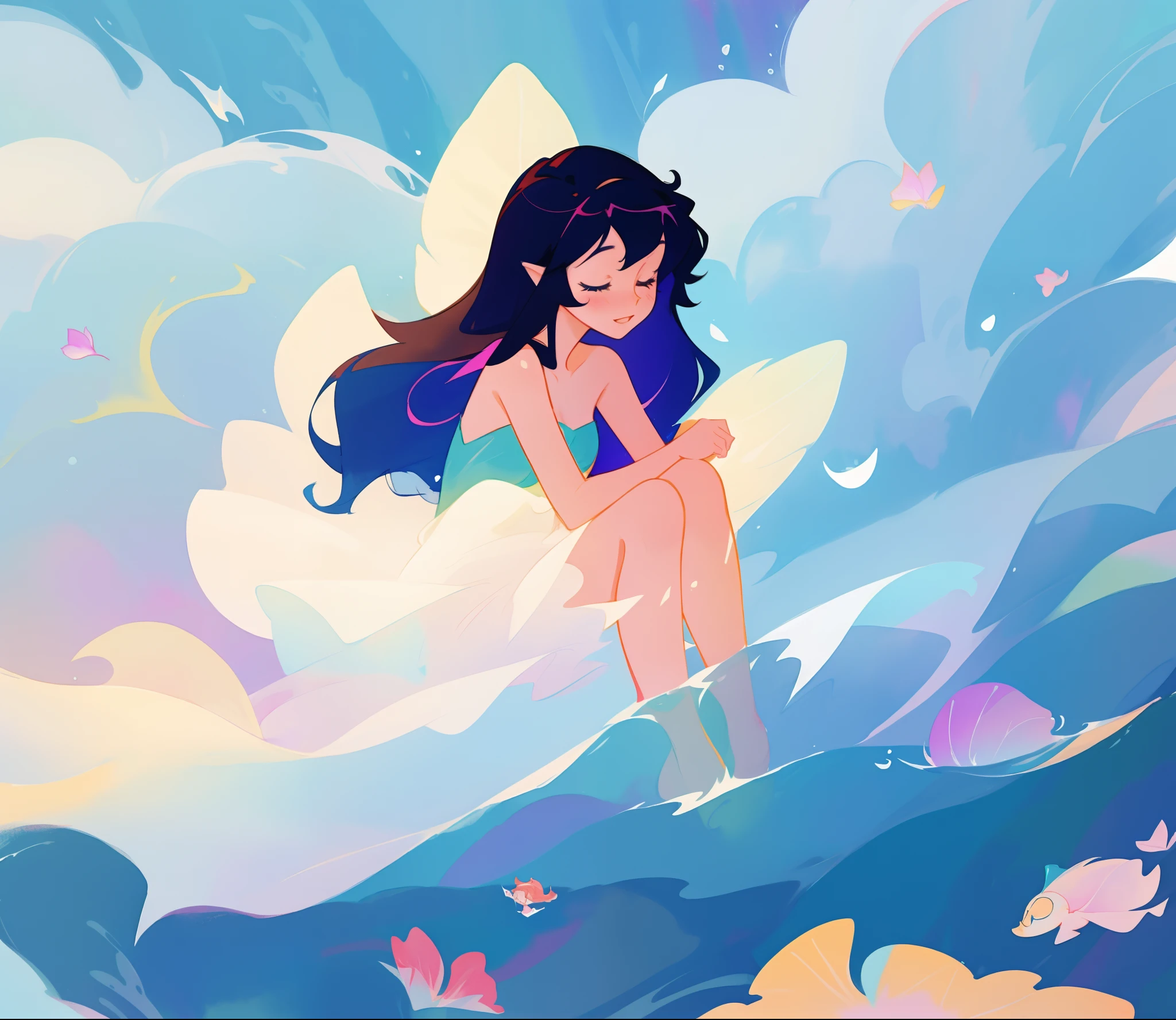 beautiful nude girl covered by seafoam, long dark hair, beautiful girl sitting in the water, private areas covered by seafoam, water nymph, water fairy, watercolor illustration, inspired by Glen Keane, inspired by Lois van Baarle, disney art style, by Lois van Baarle, by Glen Keane, jen bartel, beautiful digital illustration, fantasia otherworldly, beautiful, masterpiece, best quality, anime disney style