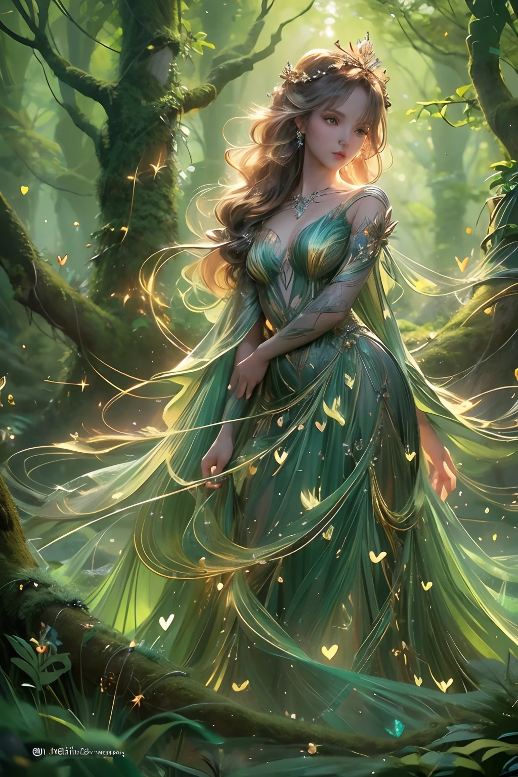 "(best quality: 1.2), masterpiece, ultra-detailed 8K UHD, ((official art)), cg, 1 ethereal forest goddess, enveloped in the ancient embrace of sentinel trees, (mystical aura:1.3). Adorning an intricately detailed dress crafted from the pure essence of the forest, woven vines adorned with dew-kissed leaves and blossoming flowers cascade down her figure. Her skin exudes a soft, ambient green glow, blending seamlessly with nature's embrace. Luxuriant hair flows, alive with blossoms, buds, and twisted branches, crowned with an elaborate diadem of intertwined branches and shimmering dewdrops. Her eyes, deep and captivating, are a highly detailed shade of green, reflecting the mysteries and wisdom of countless forest eons. Surrounding her, fireflies illuminate the scene, their light rendered with breathtaking realism, casting specks of gold onto her silhouette and accentuating her otherworldly beauty. Gentle hands outstretch, releasing a whirlwind of vibrant petals, leaves, and luminous fireflies, ((heart of the forest:1.4)), symbolizing the very pulse and breath of the woodland realm. The backdrop is an enchanted forest, where beams of light weave stories and shadows whisper ancient secrets, solo, (songs of old subtly resonating:1.1), (dress shimmering with every forest hue, adorned with nature's gems:1.4), (contrast of earthen elegance and luminescent glow:1.3)".