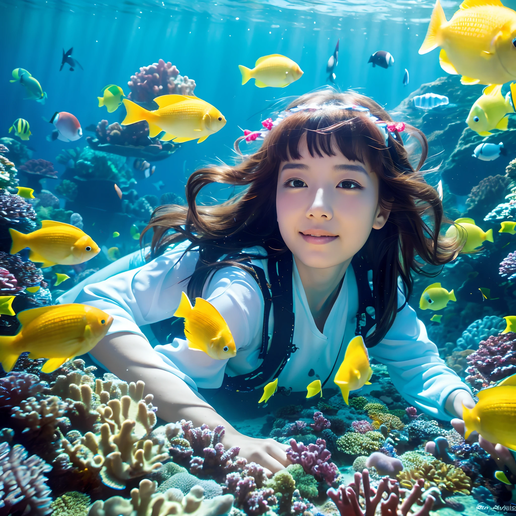 "(Best Quality,8K,hight resolution,masutepiece:1.2),Ultra-detailed,Beautiful girl in the water surrounded by colorful fish,reefs,The depths of the soft and ethereal sea,Gentle sunlight illuminating the scene"