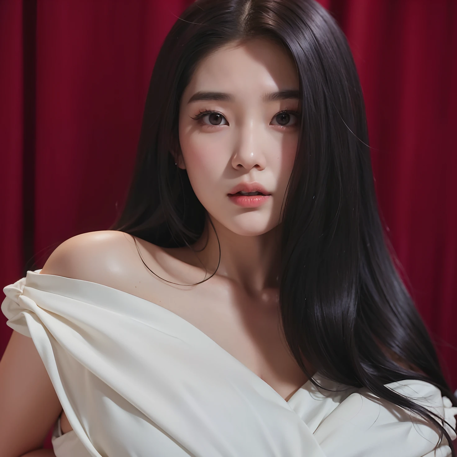 Un primer plano de una mujer con un vestido blanco posando para una foto, Heonhwa Choe, iu lee ji-eun as a super villain, Jaeyeon Nam, Gongbi, Lee Ji-eun, Lee Ji - Eun, hwang se - on, Kwak Ji Joven, terciopelo rojo, Actriz femenina de Corea, Taejune Kim, Bingbing de ventiladores