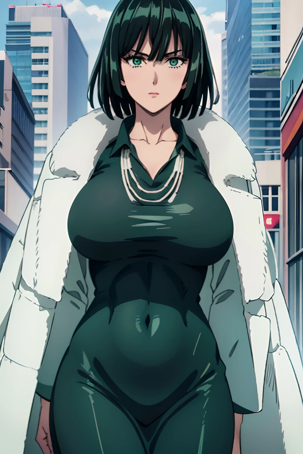 (((pixel-perfect, detail-perfect))), solo, 1girl, fubuki, fur coat, collared dress, collarbone, necklace, looking at viewer, closed mouth huge breasts Prompt: (Masterpiece), crowded city, {{{high quality}}},{{{best quality}}},{{{{extremely detailed eyes}}}},{{{{extremely detailed body}}}}, short dark green hair, defined cheekbones , slender face, sharp face, mature female, clean, cinematic lighting, cinematic bloom, highly detailed, (blushing), (huge breasts), (fubuki), defined in muscles, muscular body smile green lips