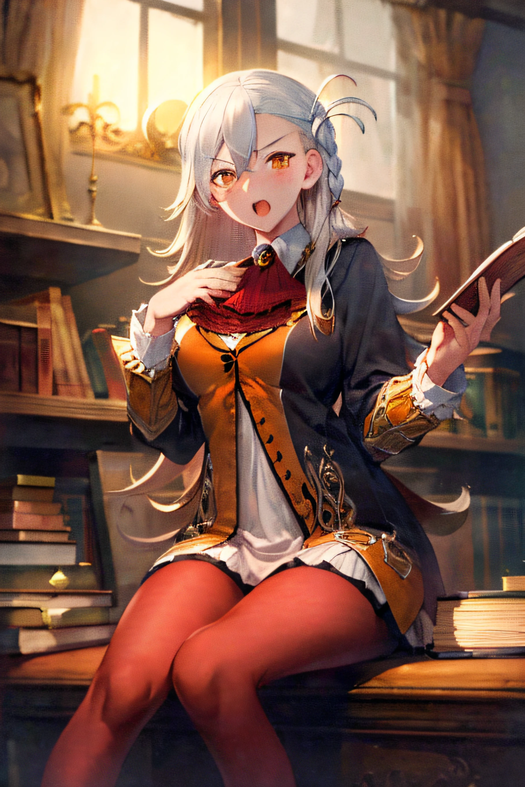 ((masterpiece, best quality, high resolution)), Default, OfficialOutfit, 1girl, book, solo, sitting, book stack, open mouth, looking at viewer, breasts, open book, blush