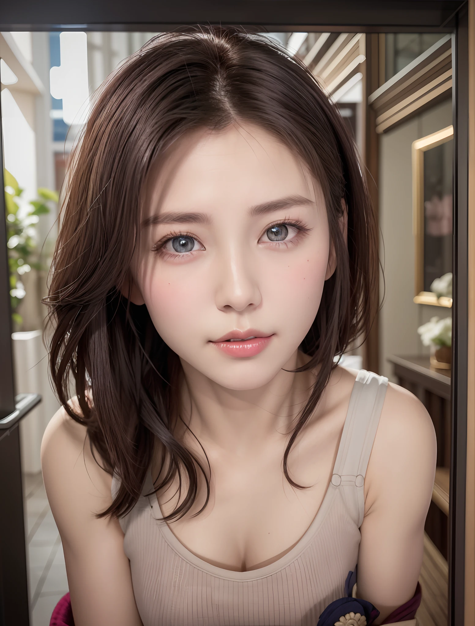 8K, Best Quality, masutepiece, Ultra High Resolution, (Realism: 1.4), Original photo, (Realistic skin texture: 1.3), (Film grain: 1.3), (Selfie angle), 1 girl, Pink clothes, Sapphire-colored eyes and beautiful facial details, masutepiece, Best Quality, close-up, Upper body top quality image quality pull-up