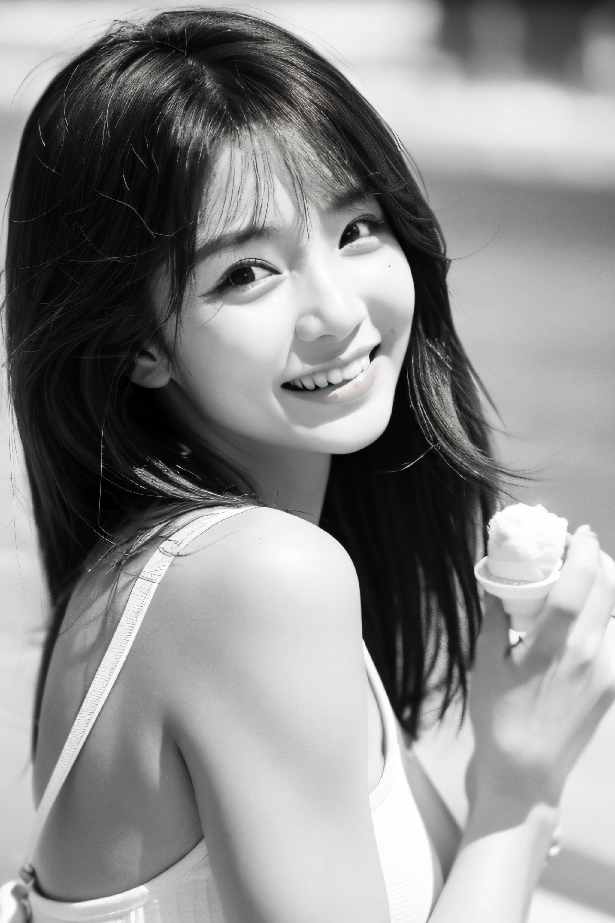 Photo of a Beautiful Korean kpop idol Woman, Summer, Tri-X, 80mm、Eat ice cream deliciously、sea side、Looking at the camera、a smile