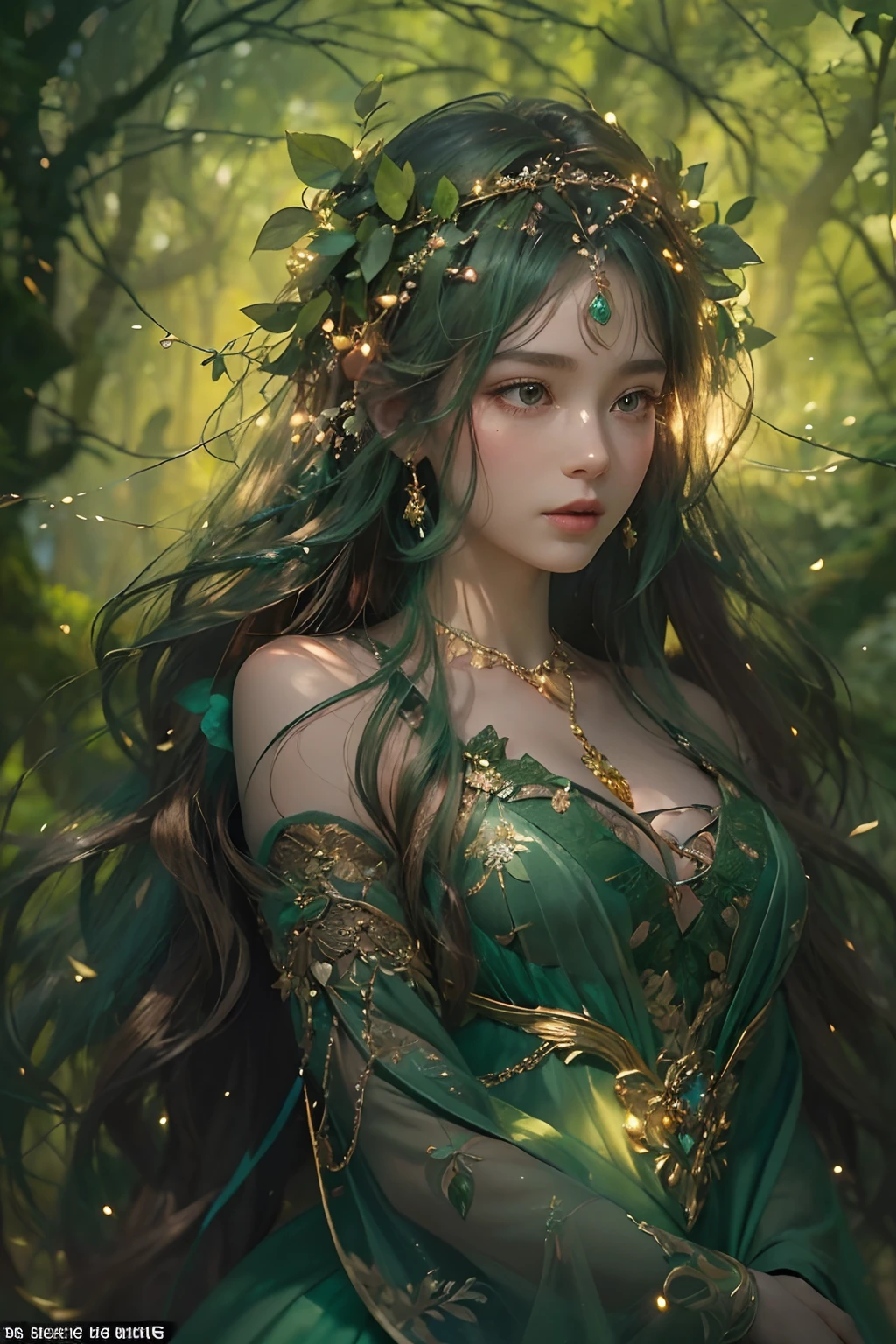 "(best quality: 1.2), masterpiece, ultra-detailed 8K UHD, ((official art)), cg, 1 ethereal forest goddess, enveloped in the ancient embrace of sentinel trees, (mystical aura:1.3). Adorning an intricately detailed dress crafted from the pure essence of the forest, woven vines adorned with dew-kissed leaves and blossoming flowers cascade down her figure. Her skin exudes a soft, ambient green glow, blending seamlessly with nature's embrace. Luxuriant hair flows, alive with blossoms, buds, and twisted branches, crowned with an elaborate diadem of intertwined branches and shimmering dewdrops. Her eyes, deep and captivating, are a highly detailed shade of green, reflecting the mysteries and wisdom of countless forest eons. Surrounding her, fireflies illuminate the scene, their light rendered with breathtaking realism, casting specks of gold onto her silhouette and accentuating her otherworldly beauty. Gentle hands outstretch, releasing a whirlwind of vibrant petals, leaves, and luminous fireflies, ((heart of the forest:1.4)), symbolizing the very pulse and breath of the woodland realm. The backdrop is an enchanted forest, where beams of light weave stories and shadows whisper ancient secrets, solo, (songs of old subtly resonating:1.1), (dress shimmering with every forest hue, adorned with nature's gems:1.4), (contrast of earthen elegance and luminescent glow:1.3)".