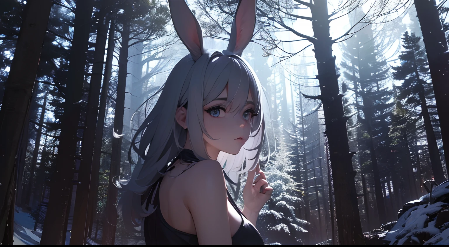 (best quality, highres, ultra-detailed, realistic:1.37), girl with grey hair, rabbit ears, in a forest at night, surrounded by large displays on the back, DJ event, anime style, vibrant colors, dramatic lighting
