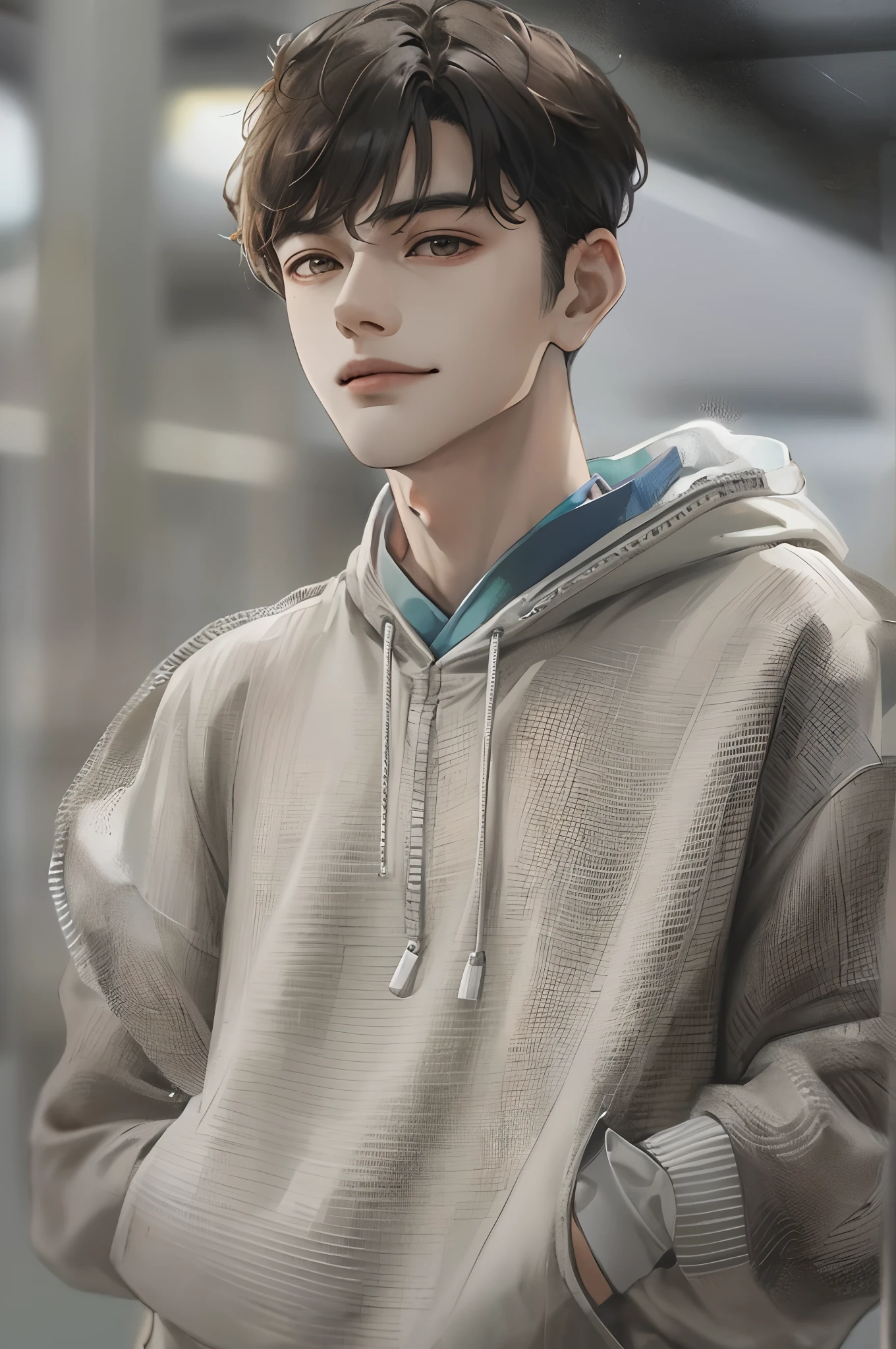 Absurdres masterpiece HDR high quality Picture a young, handsome Korean boy Korean actor cha eun woo with warm and friendly features wearing a simple and comfortable casual outfit. He sports a clean, fresh haircut that accentuates his natural good looks, and a smirking face
