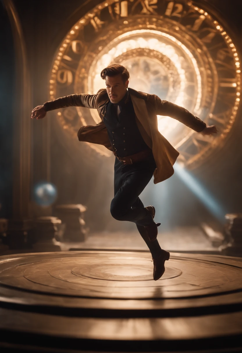 Generate an image showing a character leaping through a time portal, with different historical scenes blending in the background.