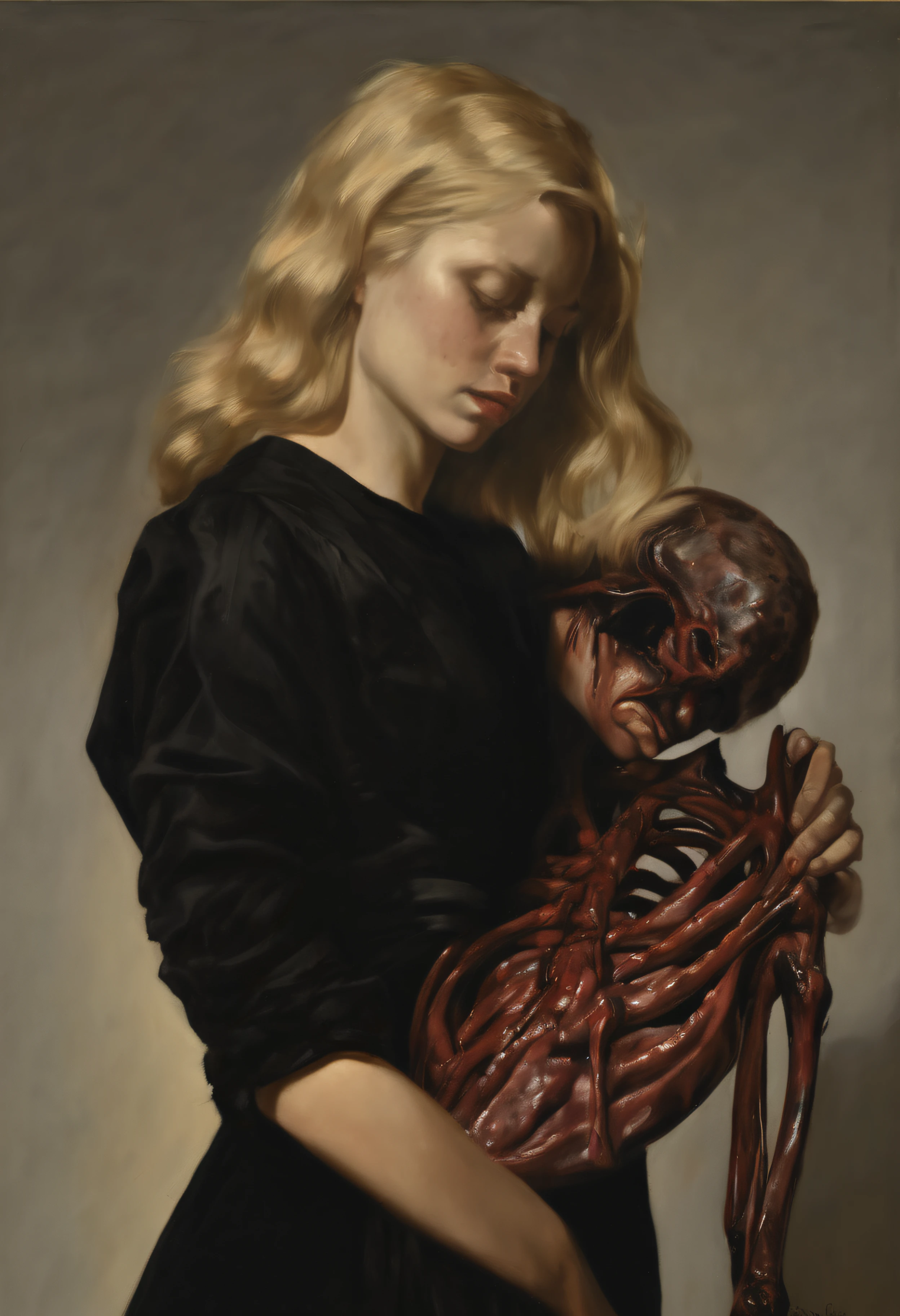 "(The best lighting, alto contraste, oscuro, dramatic),(Chica rubia junto a una cabra negra gigante, Open the rib cage, feto, autopsia, huesos humanos, sangre por las paredes). Luz Caravaggio"