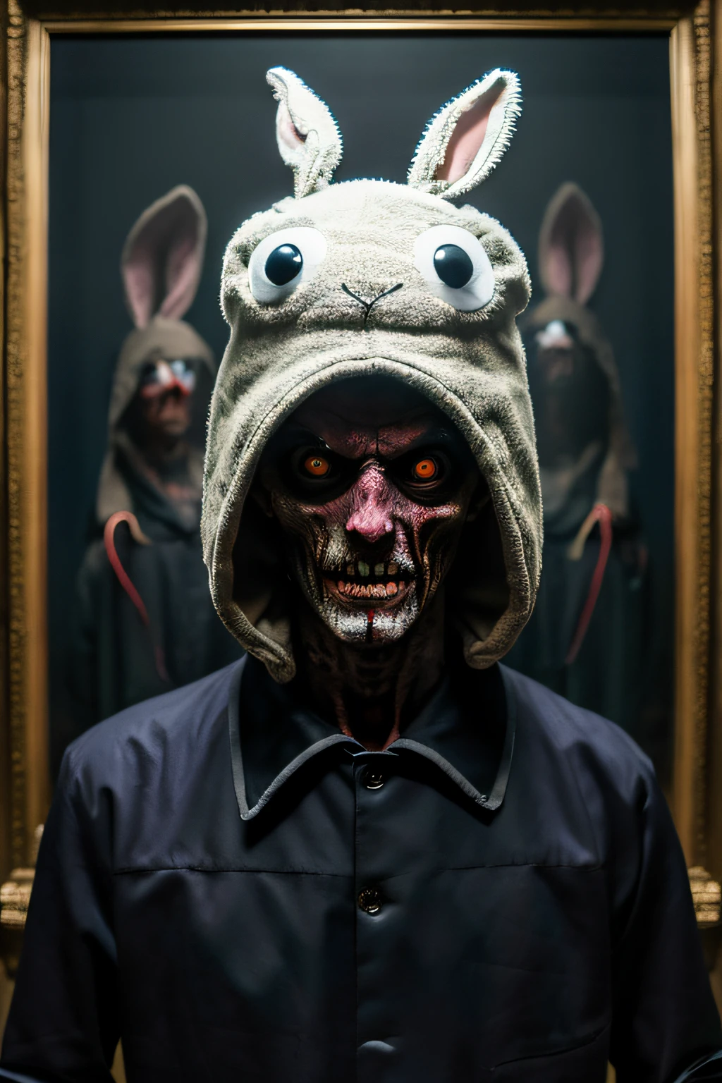 Surrealist painting of a zombie man in a random rabbit costume, dark color, Horror, terrifying.