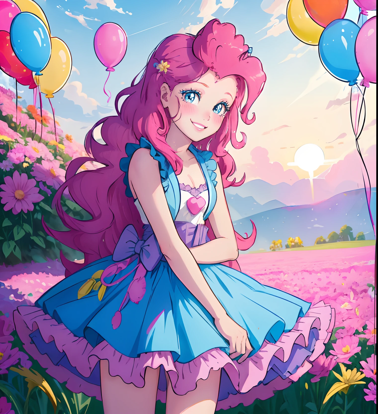 My little pony pinkie pie, pinkie pie, pinkie pie in the form of a girl, long dark pink hair, blue eyes, long pink and blue frilly dress, white frilly thigh high, small pink heels, blue sky, pink clouds, sitting in a pink and blue flower field, staring at viewers, (light pink skin 1.5), soft blush, happy smile, soft smile, holding flowers, balloons flying everywhere, ((sunrise 2.0)), highly detailed lighting, yellow light, in a beautiful flower field, pink and blue flowers everywhere, pink eyeshadow