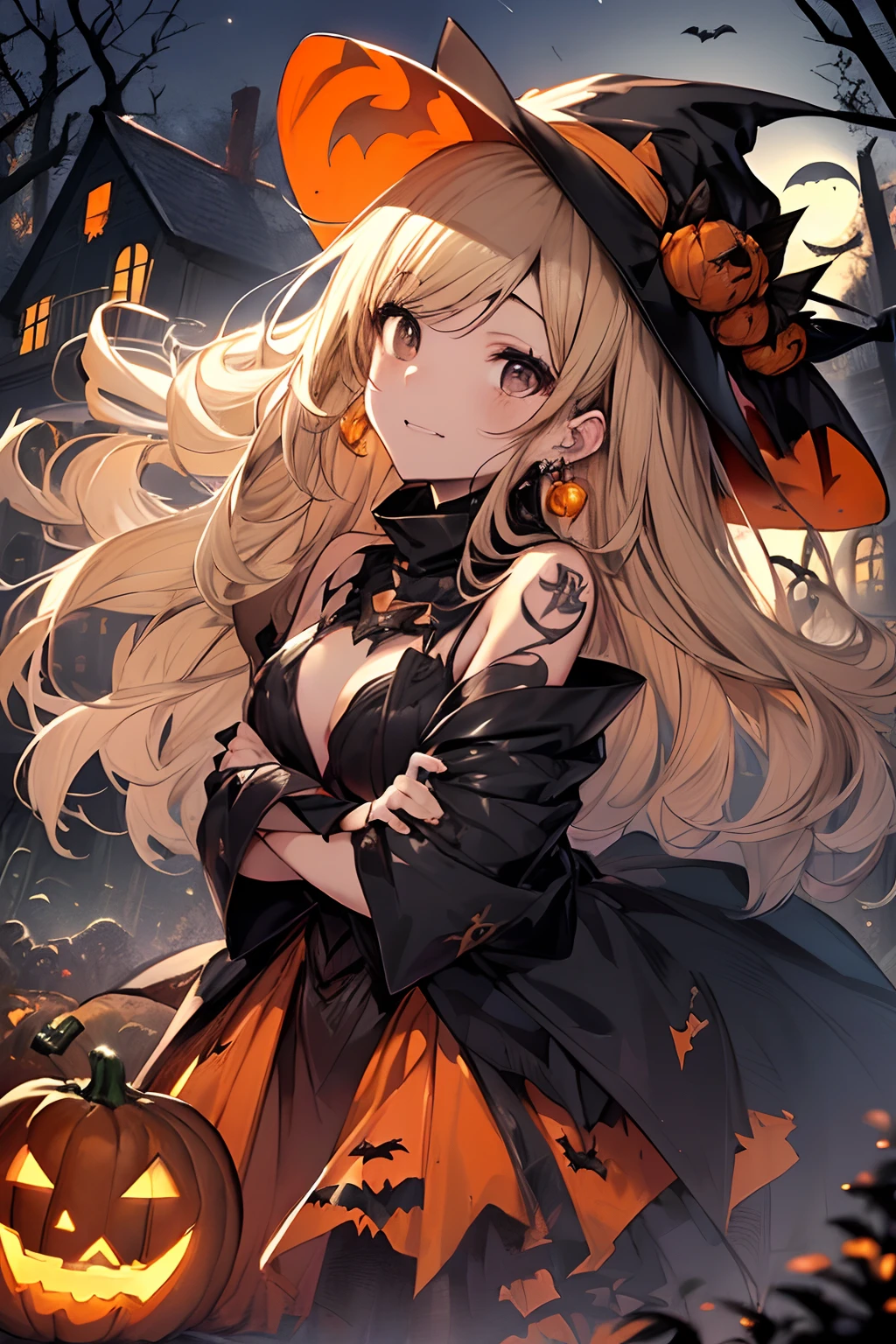top-quality、Top image quality、masterpiece、teens girl((18year old,Black Wizard Hat、Black and orange sexy clothes,Orange and black skirt、Orange muffler,Best Bust、Bust 85、Blonde long hair,Black eyes、open chest wide、Valley、Happiness、A slender、Blood coating、Emphasis on the chest、Bats tattoo、Gold Earrings、Beckon motion、Cross your arms behind your back、Leaning forward))hiquality、Beautiful Art、Background with((natta、dark sky、Halloween at night、the bats、pumpkins,Nightmare、Halloween、in woods))、Depth(Beautiful black house),masutepiece、Elaborate design、visualart、high contract、The best lighting、highestdetailed、low angles