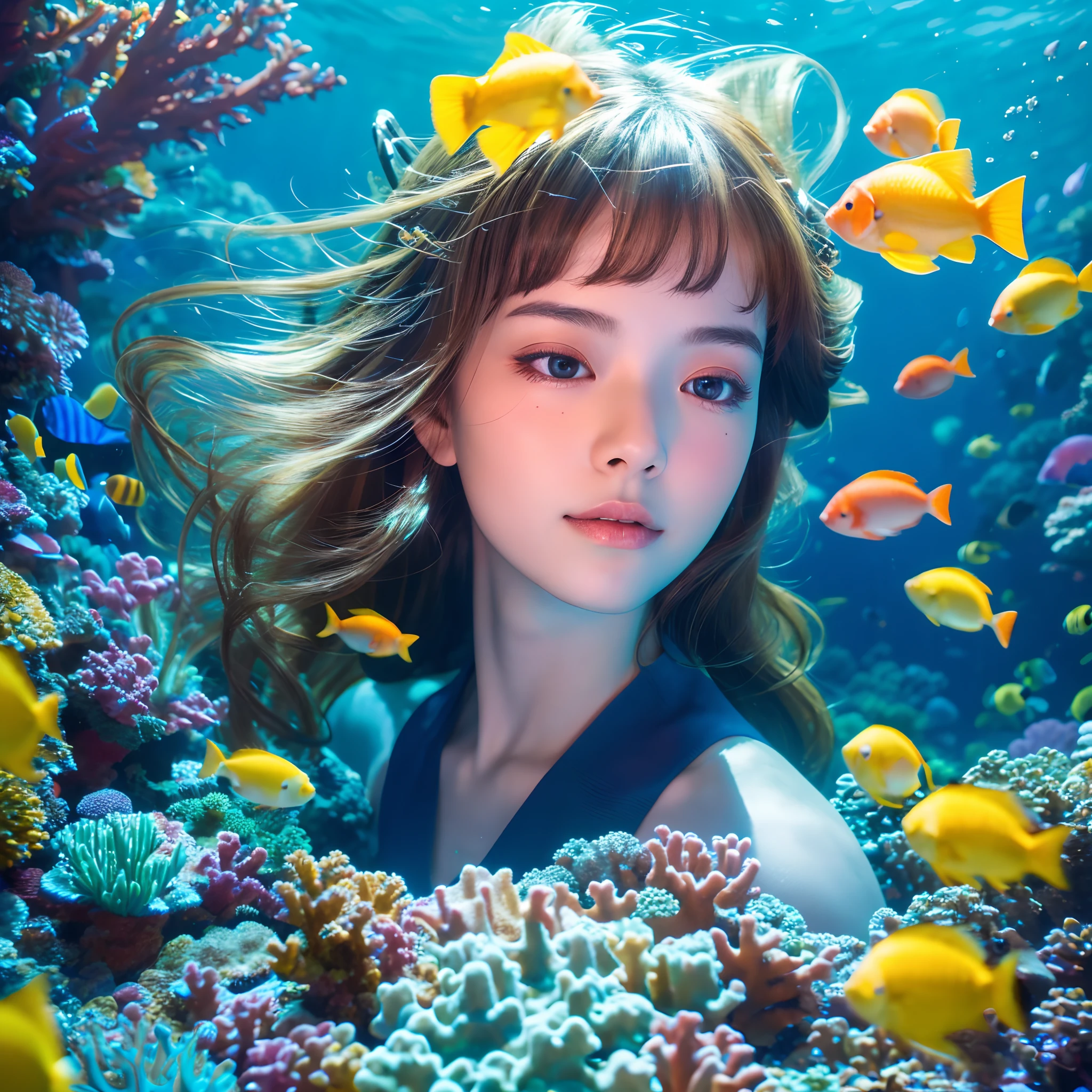 "(Best Quality,8K,hight resolution,masutepiece:1.2),Ultra-detailed,Beautiful girl in the water surrounded by colorful fish,reefs,The depths of the soft and ethereal sea,Gentle sunlight illuminating the scene"