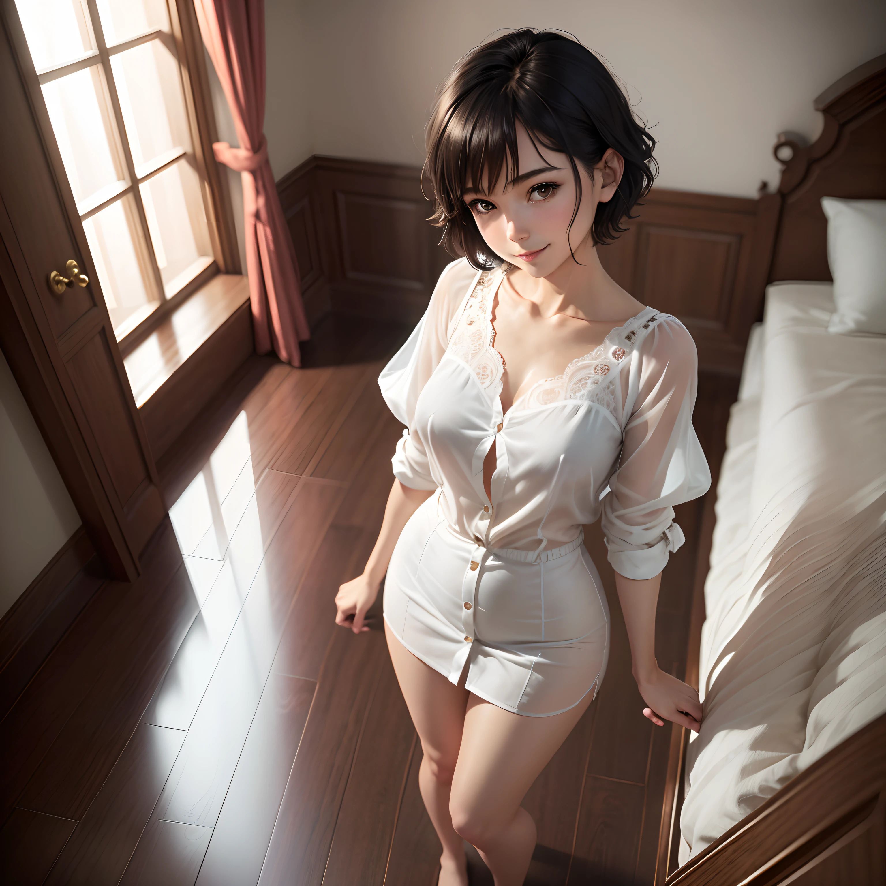 (8K, Best Quality, masutepiece:1.2), (Realistic, Photorealsitic:1.37), Ultra-detailed,((( 1 girl))),Solo,Beautifully detailed hotel suites,Night,Sitting,at hotel's room,(nose blush),(Smile:1.15),(Closed mouth) Small breasts,very skinny legs,Beautiful detailed eyes,(Shirt:1.1), Night, Wet, Rain,White lace, (Short hair:1.2),Floating Hair NovaFrogStyle, ((Full body)),to stand, Sexy, Cute,Short black hair,