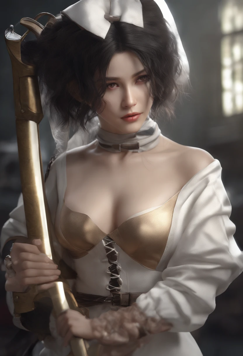 ((masterpiece, best quality)), (1girl), (solo), (female focus), yoru (chainsaw man),(very detailed face, real image, realistic white skin, realistic body, intricate details), upper body, serious , brown eyes, looking at the viewer, bandages over the body, black hair, far sleeve shirt, pinaforee dress, black necktie, bandages, bandages, small breasts,nude