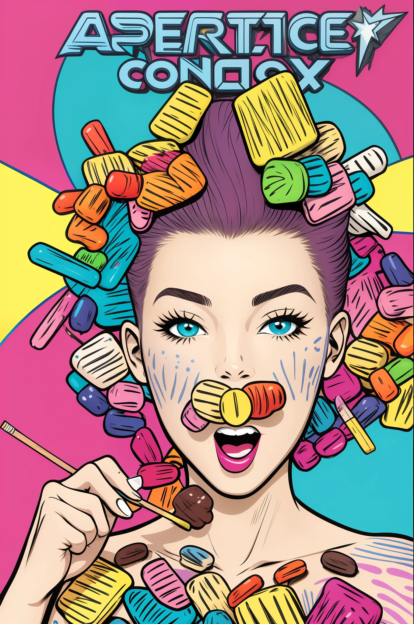 American/foppery/girl/she eating candy/her hairstyle is colorful/street/she is cute/pop art/cool/like a comics font