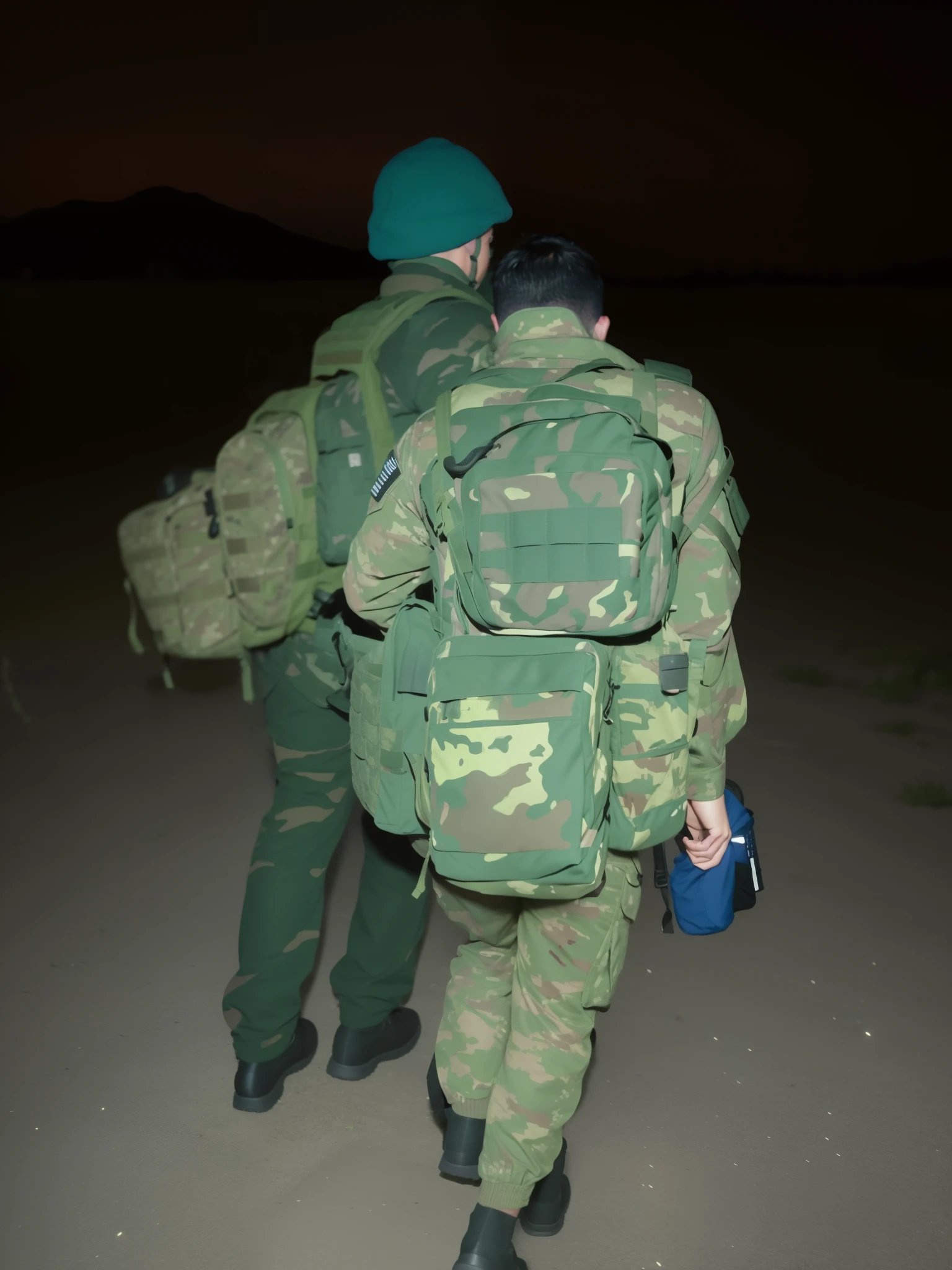 there are two people walking down a road at night, troops searching the area, taken in the night, night time raid, soldiers, nighttime, night vision very blurry, at night, soldiers running, carrying survival gear, during the night, illuminating the area, not cropped, edited, night shot, miltary, photo taken at night, wounded soldiers, close view