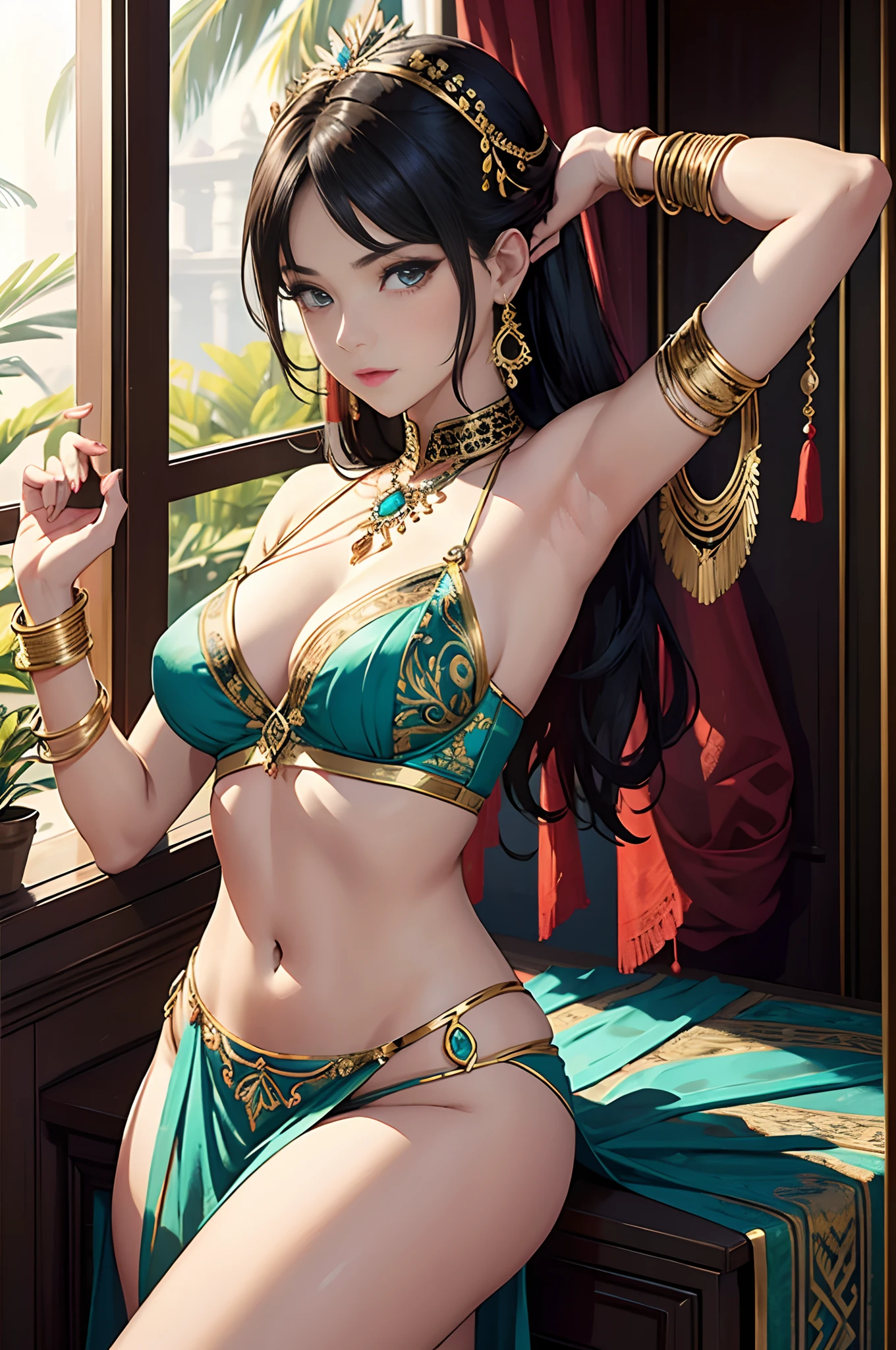 A bold and energetic exotic goddess,Sheer silk lace,Embroidery,armlets, bangle:1.3,Ancient hair accessories,