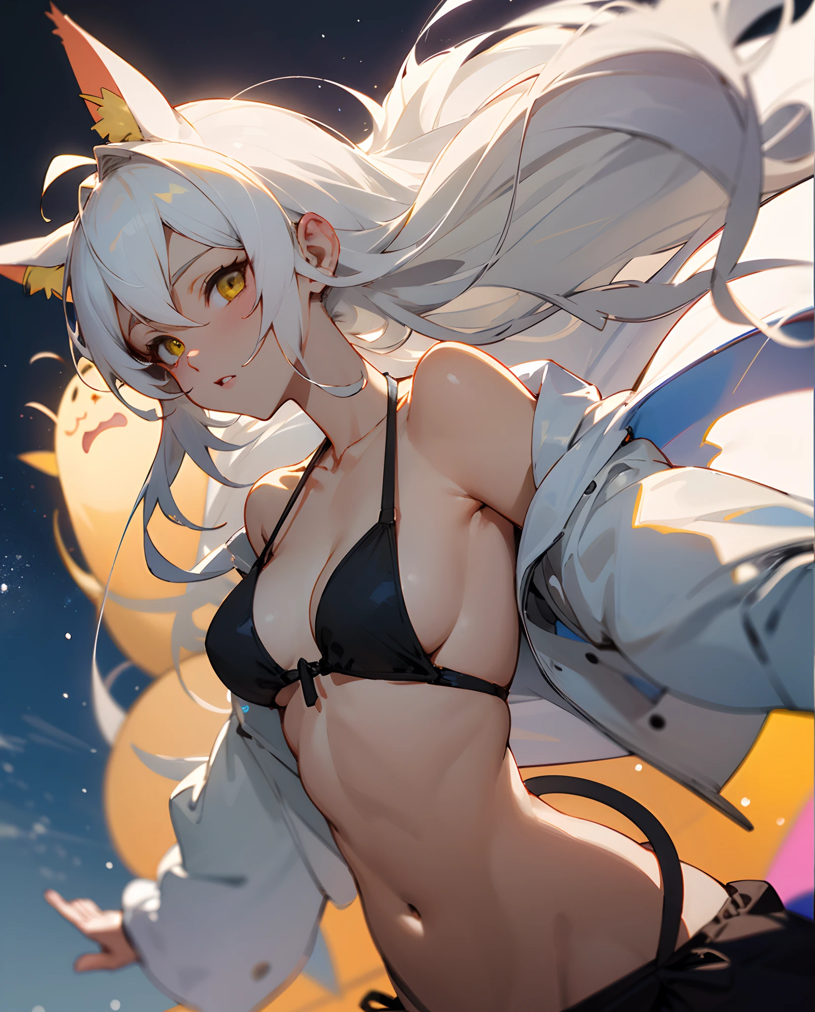 La mejor calidad, anime, chica joven, heterocromia, Cabello blanco, cabello corto, orejas de gato, piel blanca, pecho Grande, bikini, piel expuesta, noche, dibujo, no realista, cuerpo completo, chica anime