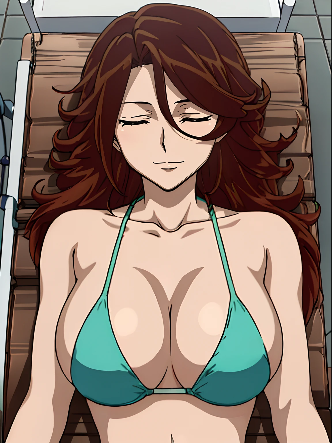 Elegant lady, anime style: 1.8, anime drawing, ultra detailed face, ultra detailed body, 4k, Sumergai Lee Noriega, ((sleeping down on medical stretcher, lying down on medical stretcher), closed eyes), best quality, anime style, hires, highest definition, digital blending, bold drawing lines, (location: beach, sunbathing), ( slim body, (little biceps), , off-shoulders, closed fists, (curvy: 2.8)), ((bikini , white gloves, armpit protector, (chaps))), victorious, winner, gentle, (pale skin, shiny skin, very big breasts, smile), (big eyes, brown eyes), (brown hair, loose hair), 27 years old,