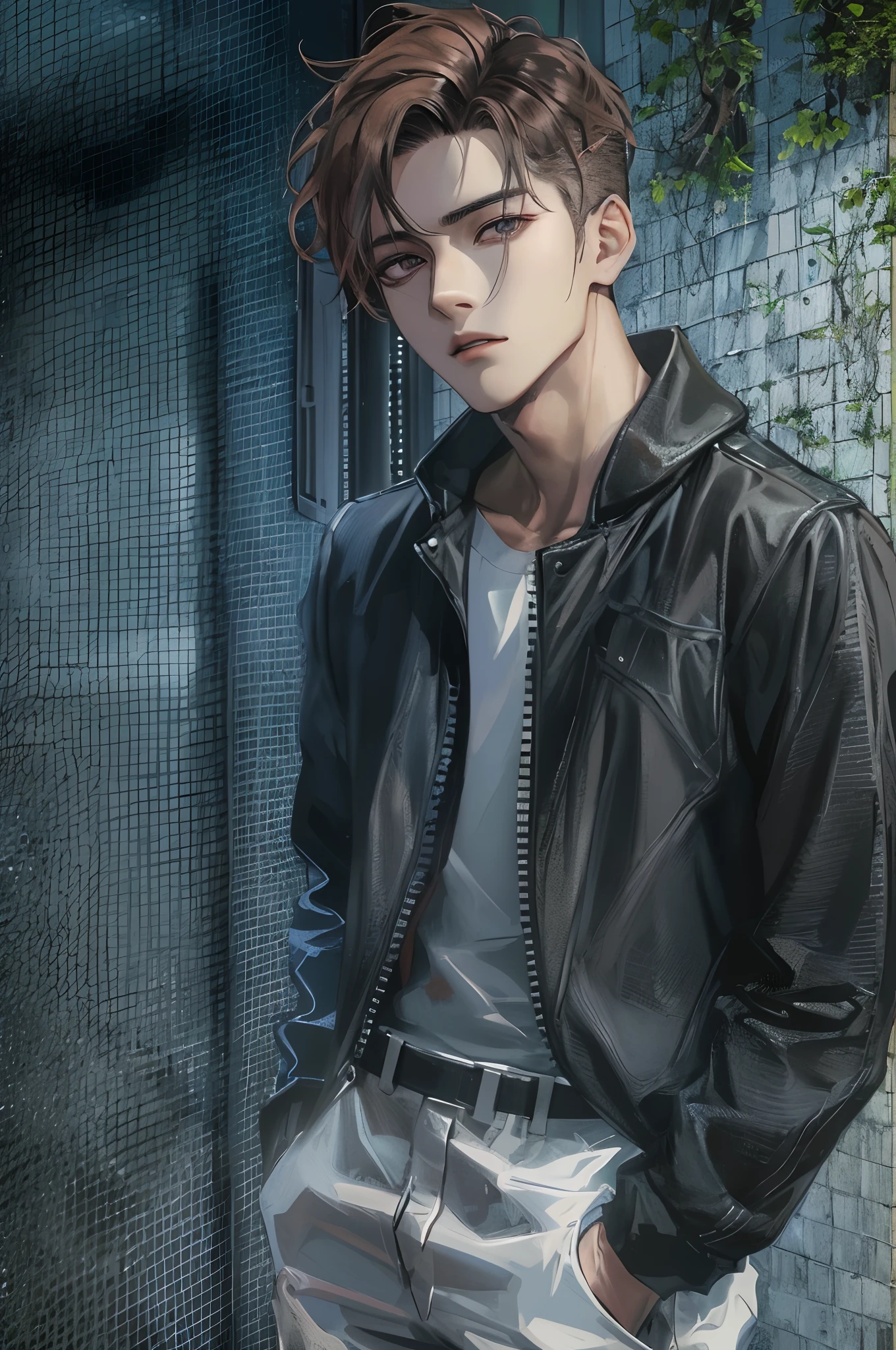 Icarus his typical cold and penetrating gaze, His dark hair perfectly styled standing out against the light of the alley.. elegantly adjusting his black jacket