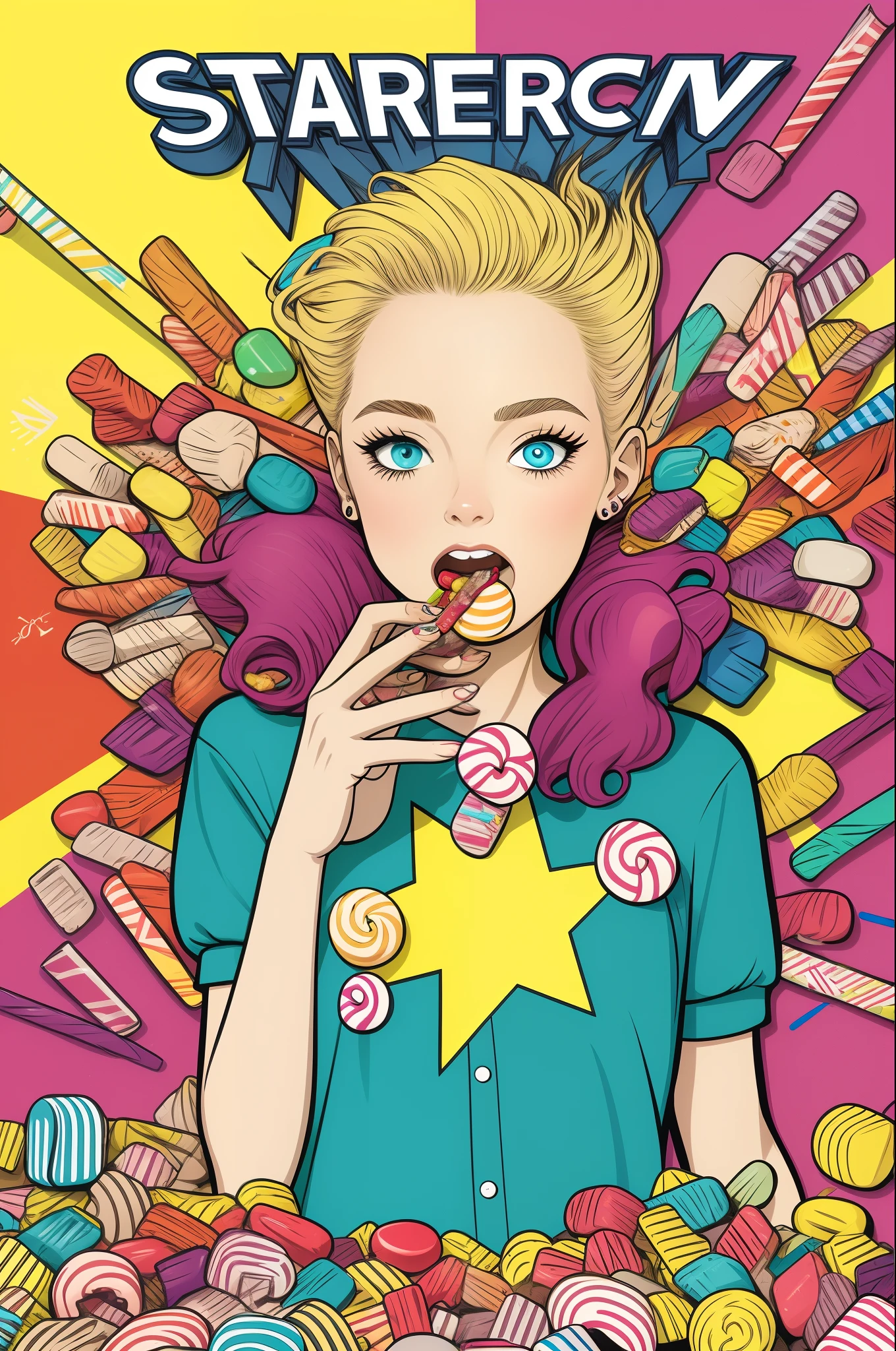 American/foppery/girl/she eating candy/her hairstyle is colorful/street/she is cute/pop art/cool/like a comics font