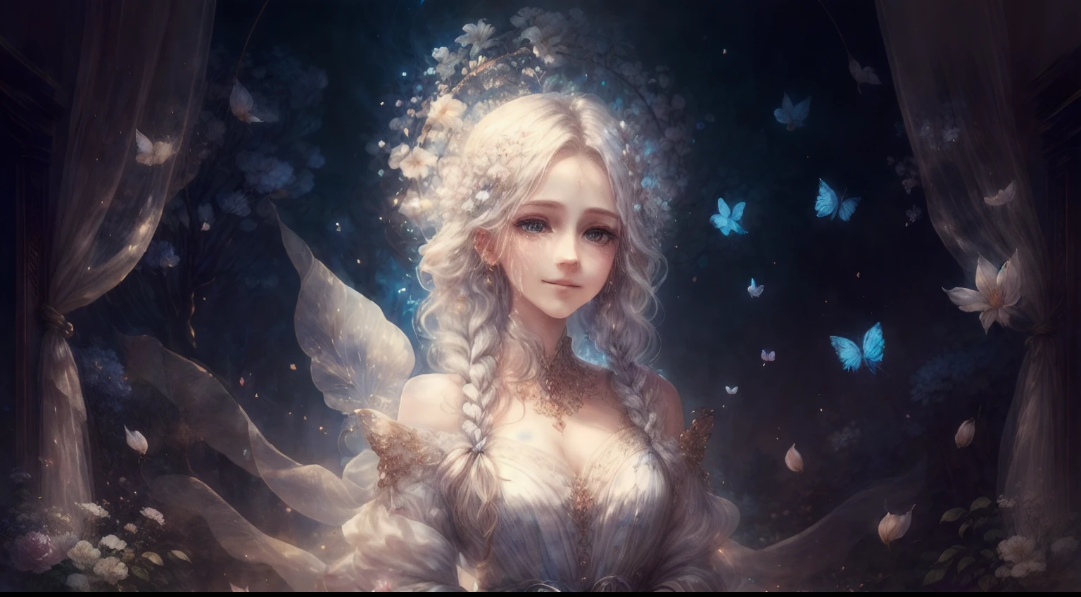 (best quality, masterpiece:1.2),white hair,blue eyes,detailed hair,fair skin,white clothing,upper body,side braids,lovely smile,peaceful expression,dreamy atmosphere,soft lighting,ethereal background,lush garden,delicate flowers,subtle sunlight,butterflies fluttering around,golden halo,serene and calm,watercolor painting effect,stunning and elegant,harmonious color palette