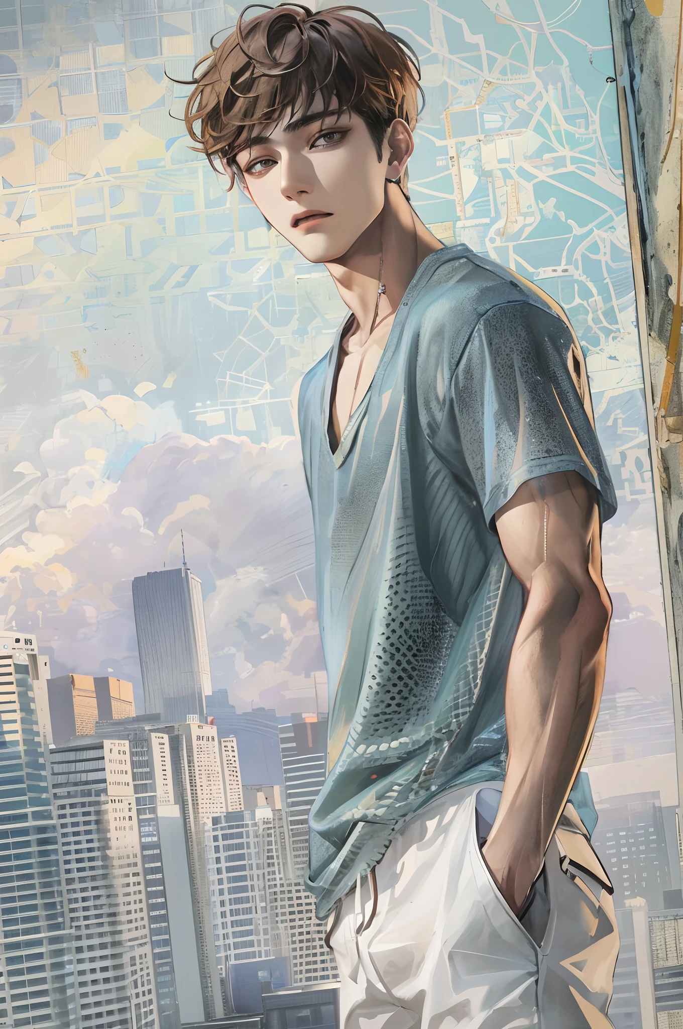 Absurdres masterpiece HDR high quality picture of a Kpop boy in sharp HD graphics, with his calm eyes and chiseled jawline, wearing a stylish, modern outfit that accentuates his lean physique. His short K-pop hair is styled in a contemporary way, giving him an air of confidence and charm as he stands against a beautiful backdrop