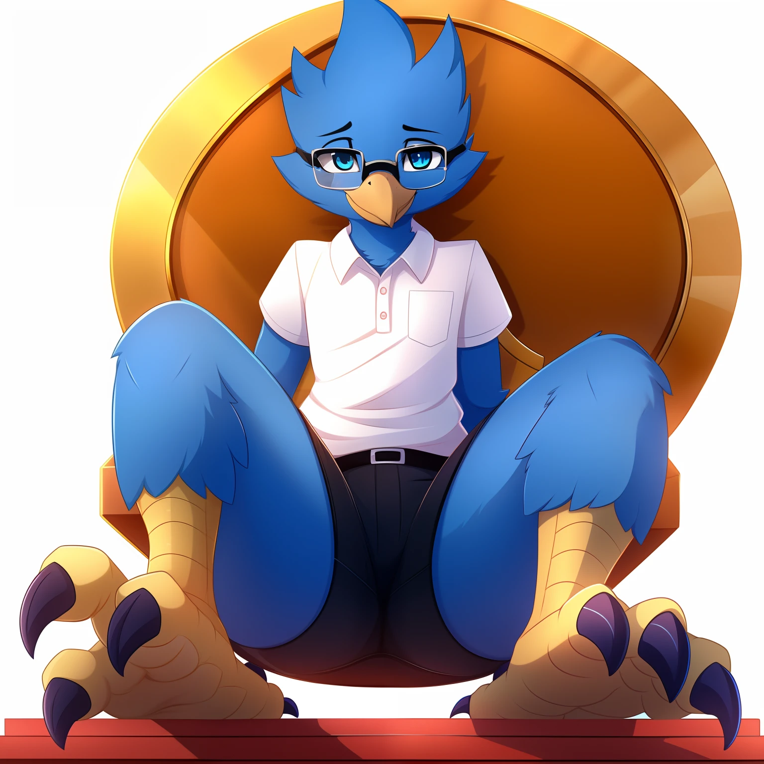 Berdly, (glasses), male, solo, curvy, (curvy waist), (raised eyebrow), (hourglass body), (detailed eyes:1.0), perfect eyes, 1boy, white background, blue pupils, avian, blue body, (thick thighs:1.0), (feet focus:1.0), sitting, white polo shirt, short sleeves, (throne), (presenting feet:1.0), leg up, arms down, (yellow-talons), feet, claws, (bird feet), (artist:magnaluna:0.9), (black shorts), smile, (large thighs:0.8), masterpiece, looking down, pov, (perspective), center of focus, (best quality,4k,k,highres,masterpiece:1.2), perfect color tones