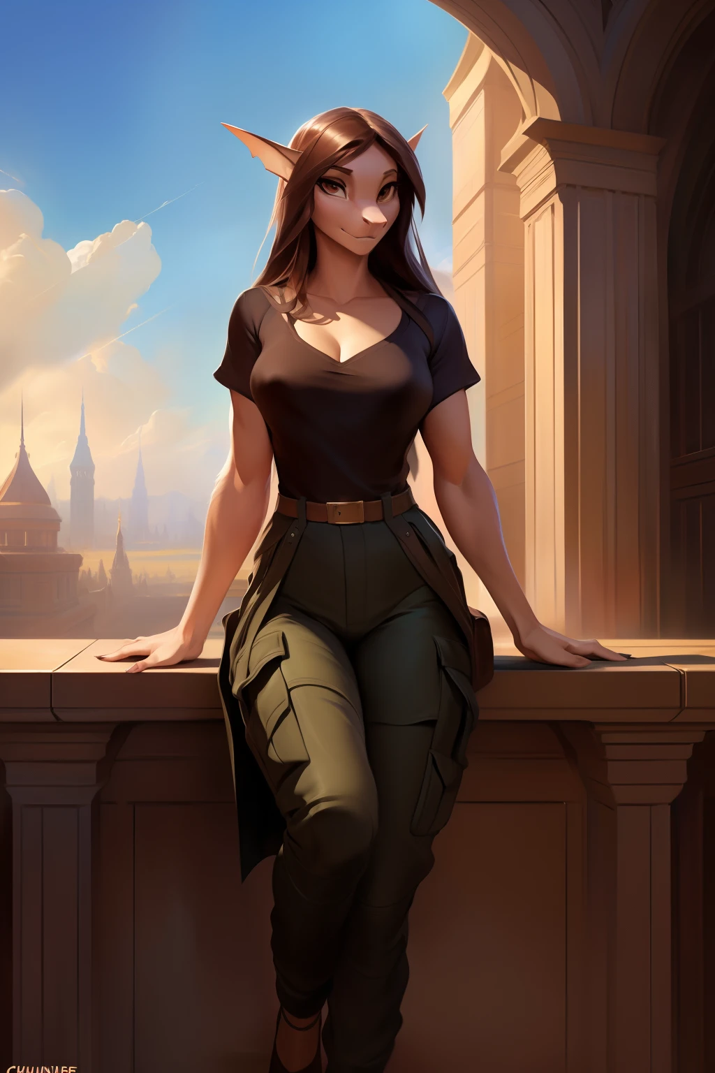 10, high-res, bestquality, masterpiece, Perfect color, Perfect shadow, Beautiful and detailed pictures. (((Women))), perfect lighting, Posted in E621, (by Chunie, by Einshelm), furry, anthro, furry art, ((portrait)), Female, Black legs from foot to knee, Beautiful brown eyes, fit body, Perfect male body, Fine wool, detailed face, ((Bonifasko lighting)), (detailed eyes), Perfect Student, Tall, Long Brunette Hair, messy long hair, Broad Hips, Big legs, C Chest Cup, Camouflage cargo pants, dress, White sleeves, Black T-shirt, shark