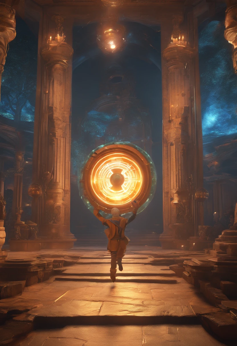 Generate an image showing a character leaping through a time portal, with different historical scenes blending in the background.