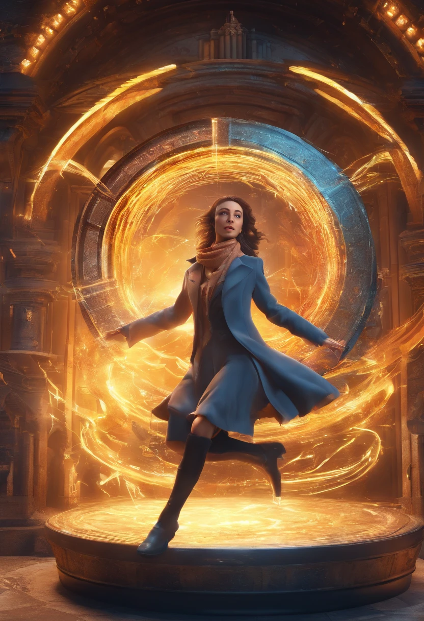 Generate an image showing a character leaping through a time portal, with different historical scenes blending in the background.