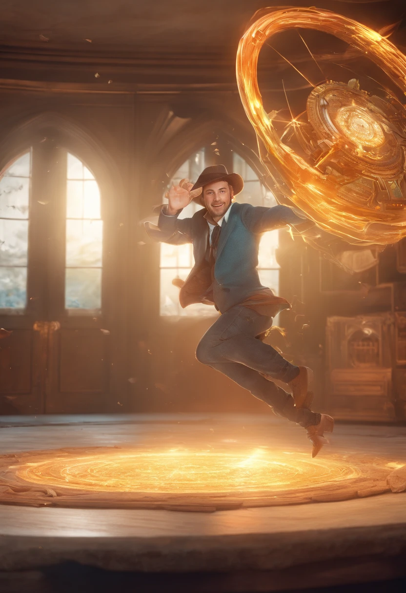 Generate an image showing a character leaping through a time portal, with different historical scenes blending in the background.