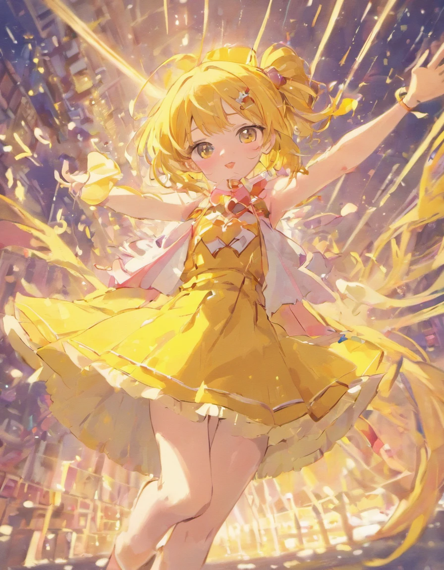 Dreamy shiny light pink hair,Pink and yellow sundress clothes,Milky,The eyes are blue,It's a cute girl, thigh high socks, pink leather shoes