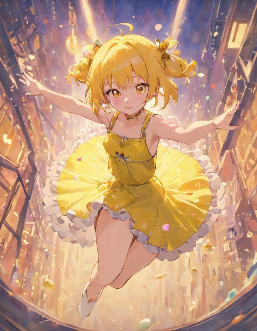 Dreamy shiny light pink hair,Pink and yellow sundress clothes,Milky,The eyes are blue,It's a cute girl, thigh high socks, pink leather shoes