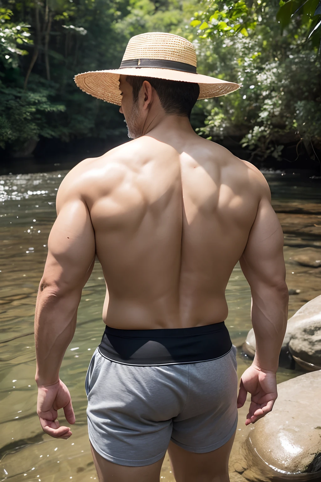 asian man, A 40-year-old man takes off his shirt and wears underwear..................., Take off your underwear................, See yours , Underwear, hair, Beautiful muscles,large, Open panties, ass, beard., Gray Hair, Black watercolor eyes, standing in the forest, 50mm Extended Arm Portrait Lens.............., Vertical 50mm., 50-year-old man, photographer, sony a7r photo, 8K portraits, Sony Alpha 1 . Camera information