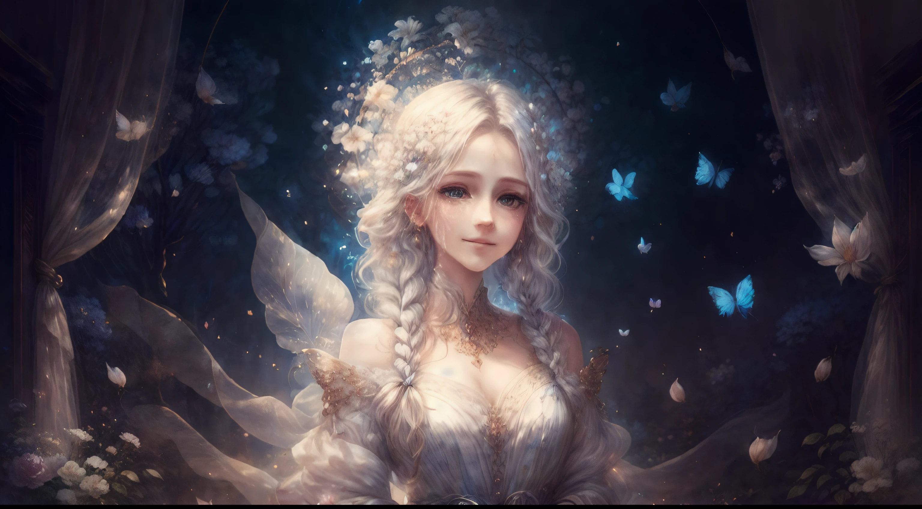 (best quality, masterpiece:1.2),white hair,blue eyes,detailed hair,fair skin,white clothing,upper body,side braids,lovely smile,peaceful expression,dreamy atmosphere,soft lighting,ethereal background,lush garden,delicate flowers,subtle sunlight,butterflies fluttering around,golden halo,serene and calm,watercolor painting effect,stunning and elegant,harmonious color palette