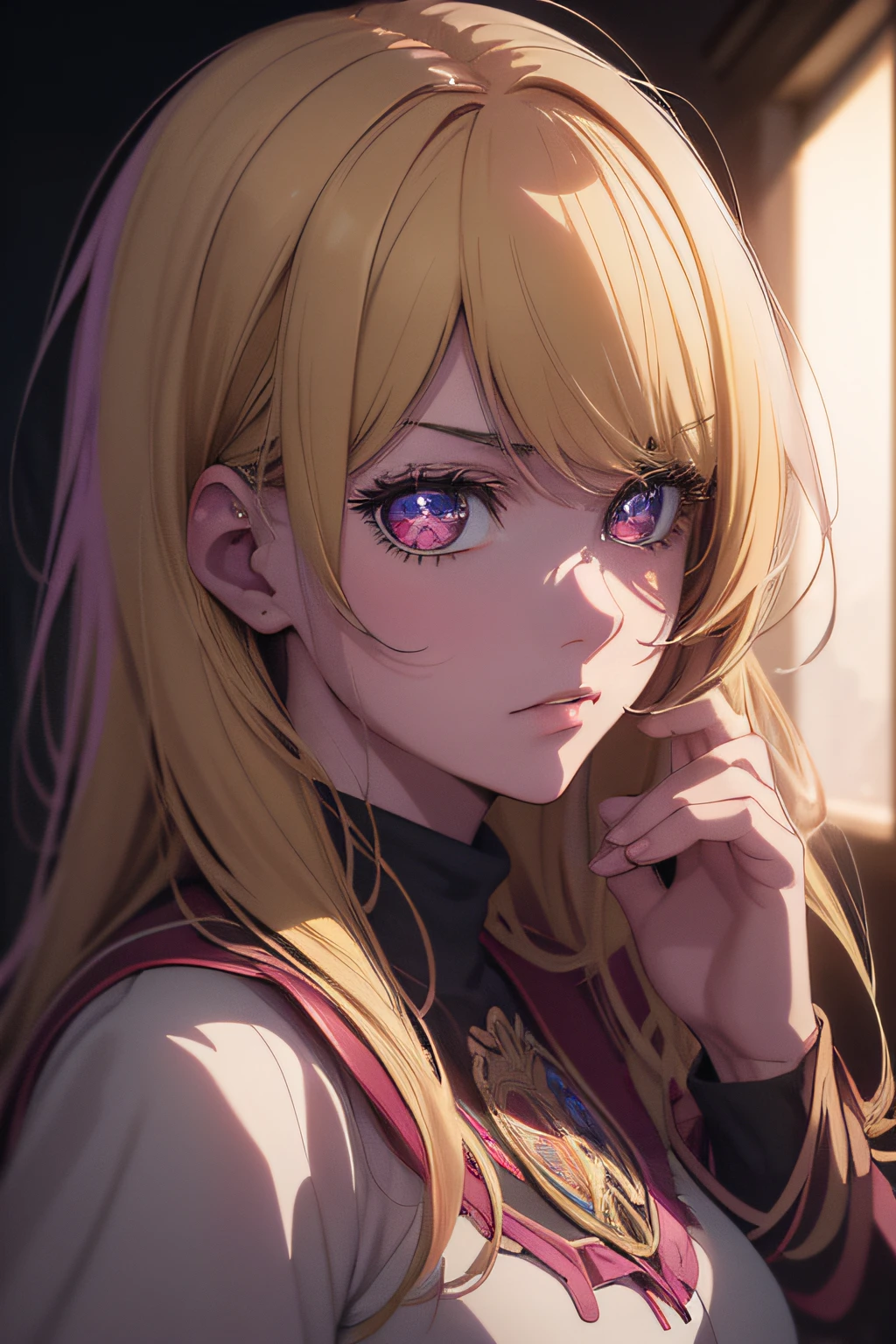 (best quality, masterpiece, 8K, poster, anime style, digital art, digital illustration, manga art, photorealistic, ultra-detailed, 1:2 hdr, heavy lighting) a very beautiful woman, blonde, pink eyes, (investigator), expression he would be